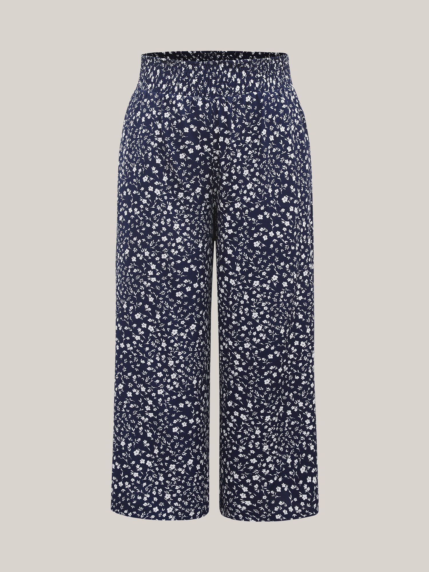 Plus Size Ditsy Floral Print Shirred Wide-Leg Pants Women Indigo Elegant Wide Leg Mid Rise Everyday Pants BloomChic 26/4X 
