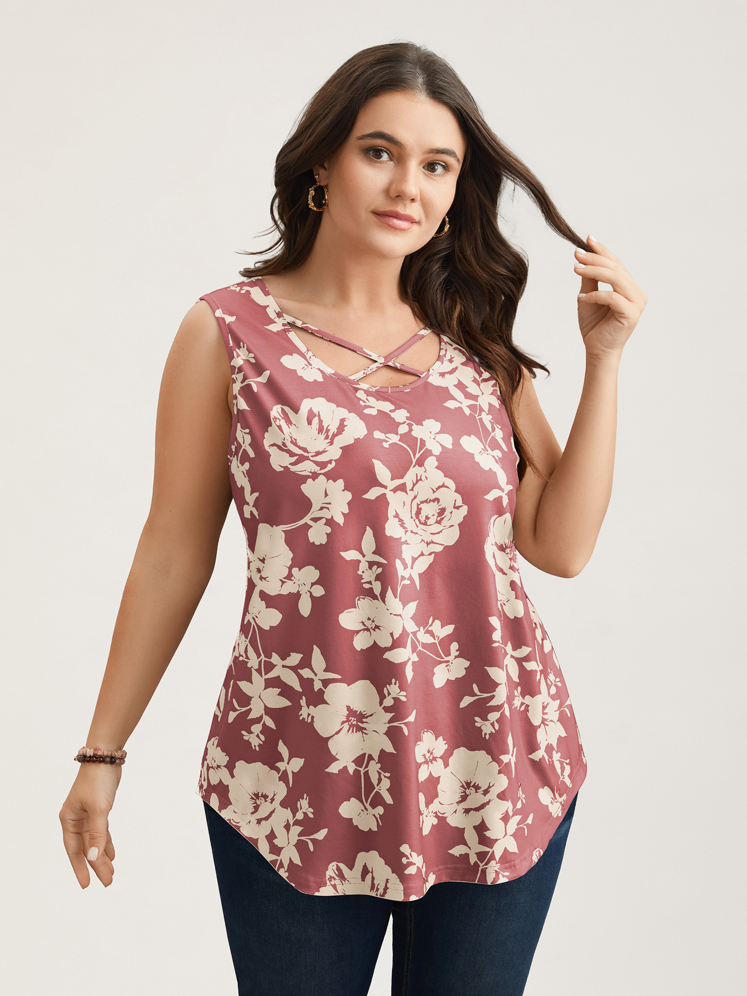 

Plus Size Rosy Print Neck-Tie Fitted Vest Women DustyPink Elegant Contrast U-neck Everyday Tank Tops Camis BloomChic