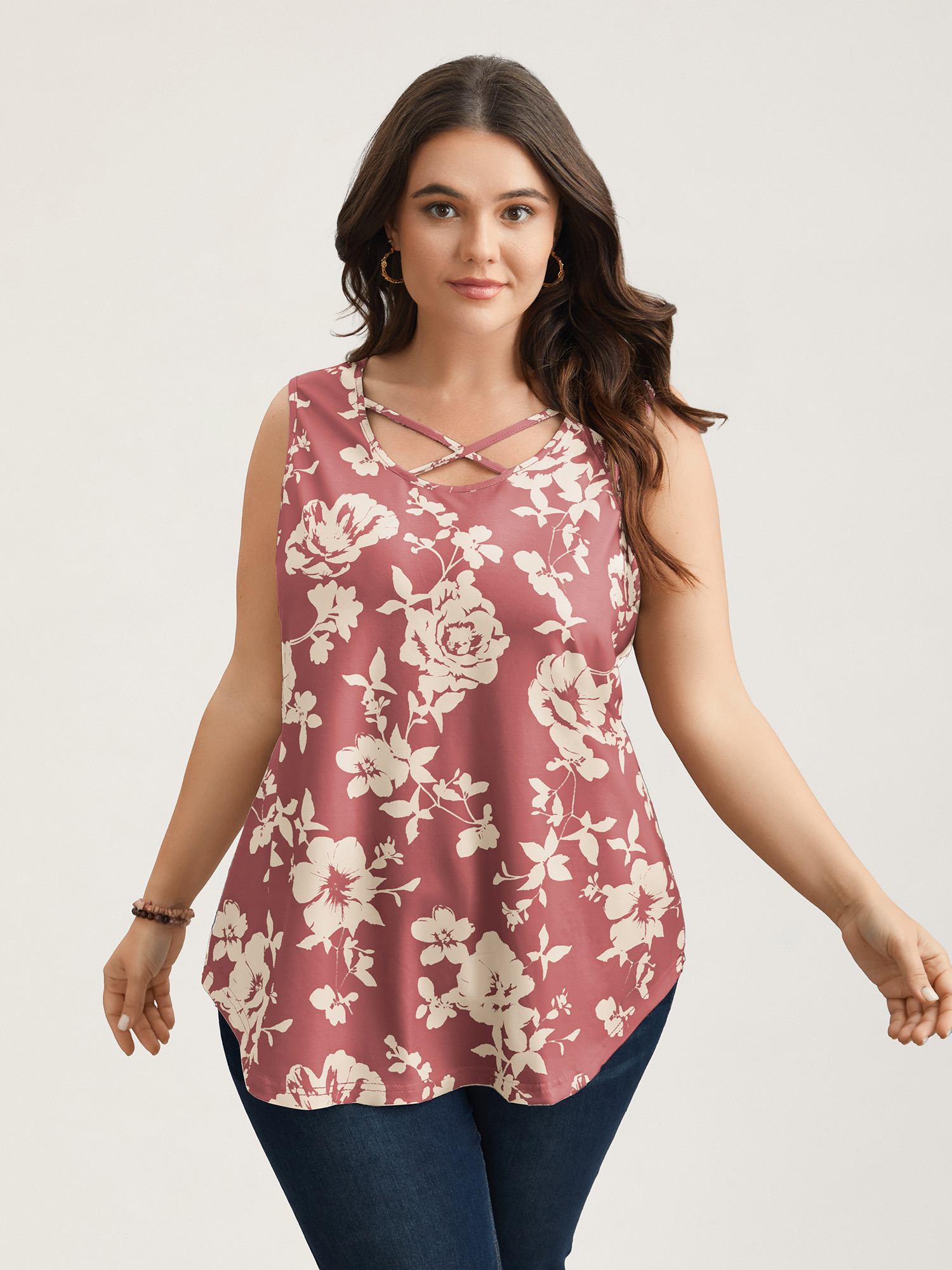 Plus Size Rosy Print Neck-Tie Fitted Vest Women DustyPink Elegant Contrast U-neck Everyday Tank Tops Camis BloomChic 26/4X 