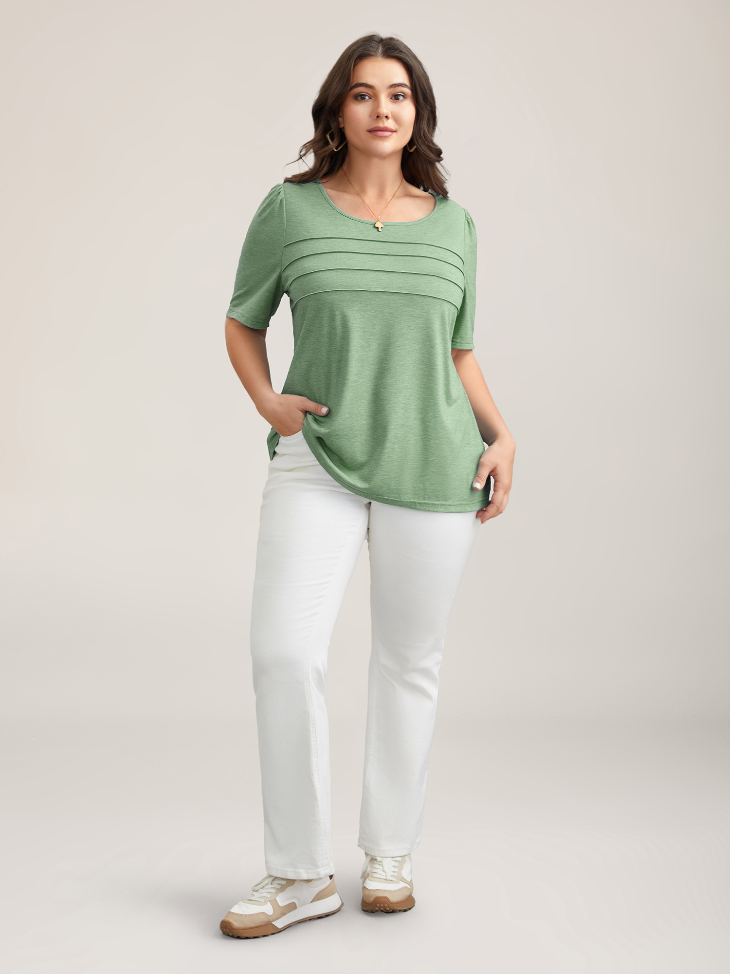 Plus Size Seamed Round Neck Fitted T-Shirt Greenbean Women Casual Tucked seam Round Neck Everyday T-shirts BloomChic 10/M 