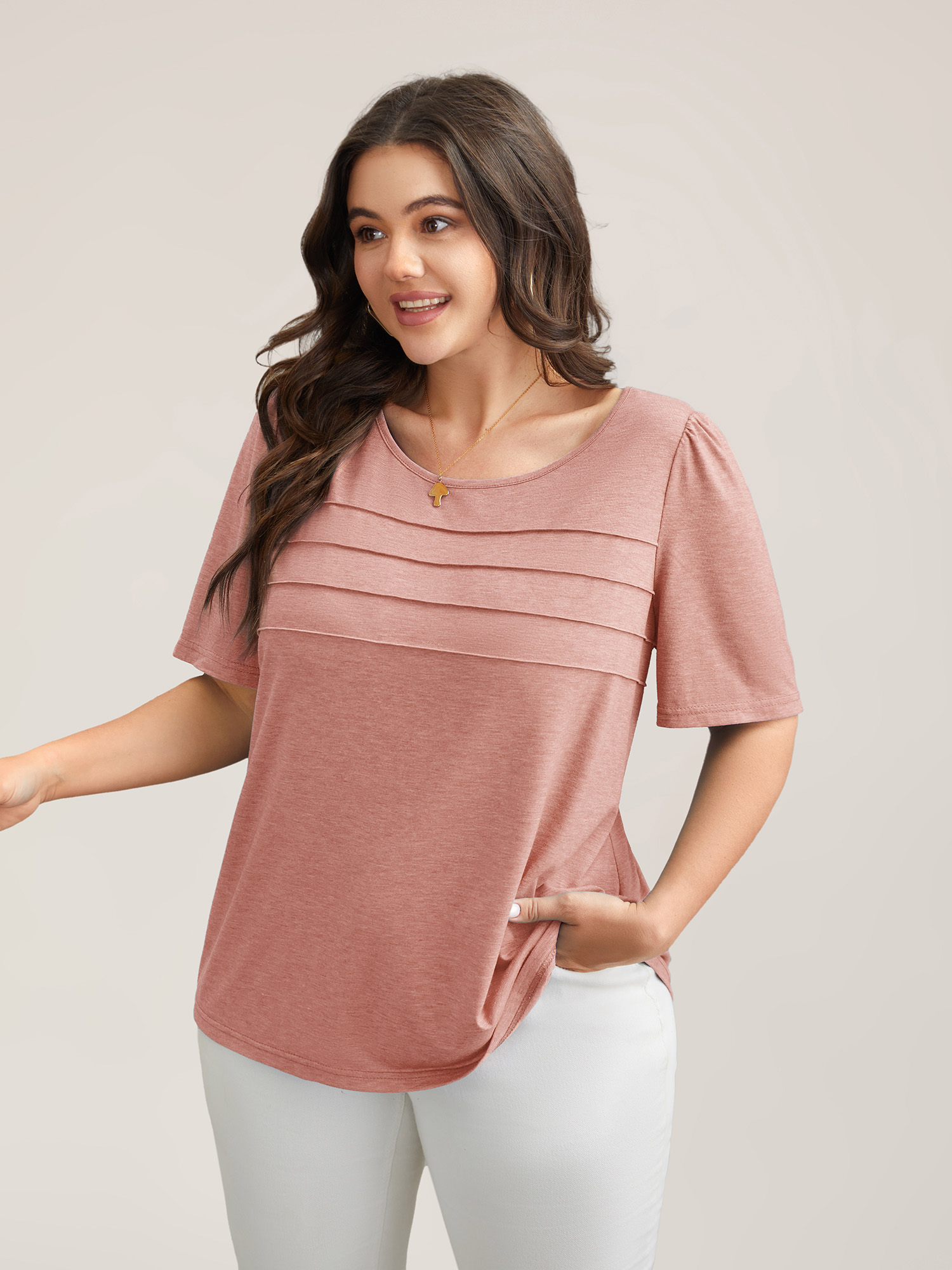 Plus Size Seamed Round Neck Fitted T-Shirt Nudepink Women Casual Tucked seam Round Neck Everyday T-shirts BloomChic 28/5X 