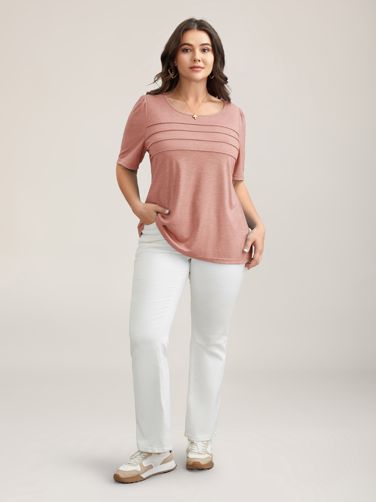 Plus Size Seamed Round Neck Fitted T-Shirt Nudepink Women Casual Tucked seam Round Neck Everyday T-shirts BloomChic 28/5X 