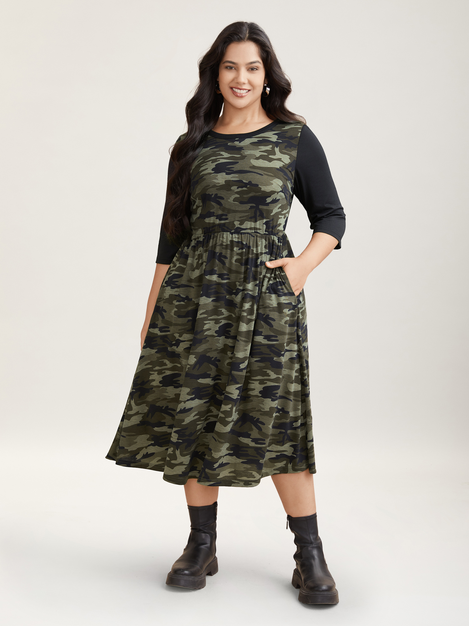 

Plus Size Camouflage Print Contrast Spliced Midi Dress ArmyGreen Women Casual Patchwork Knit Dresses Bloomchic