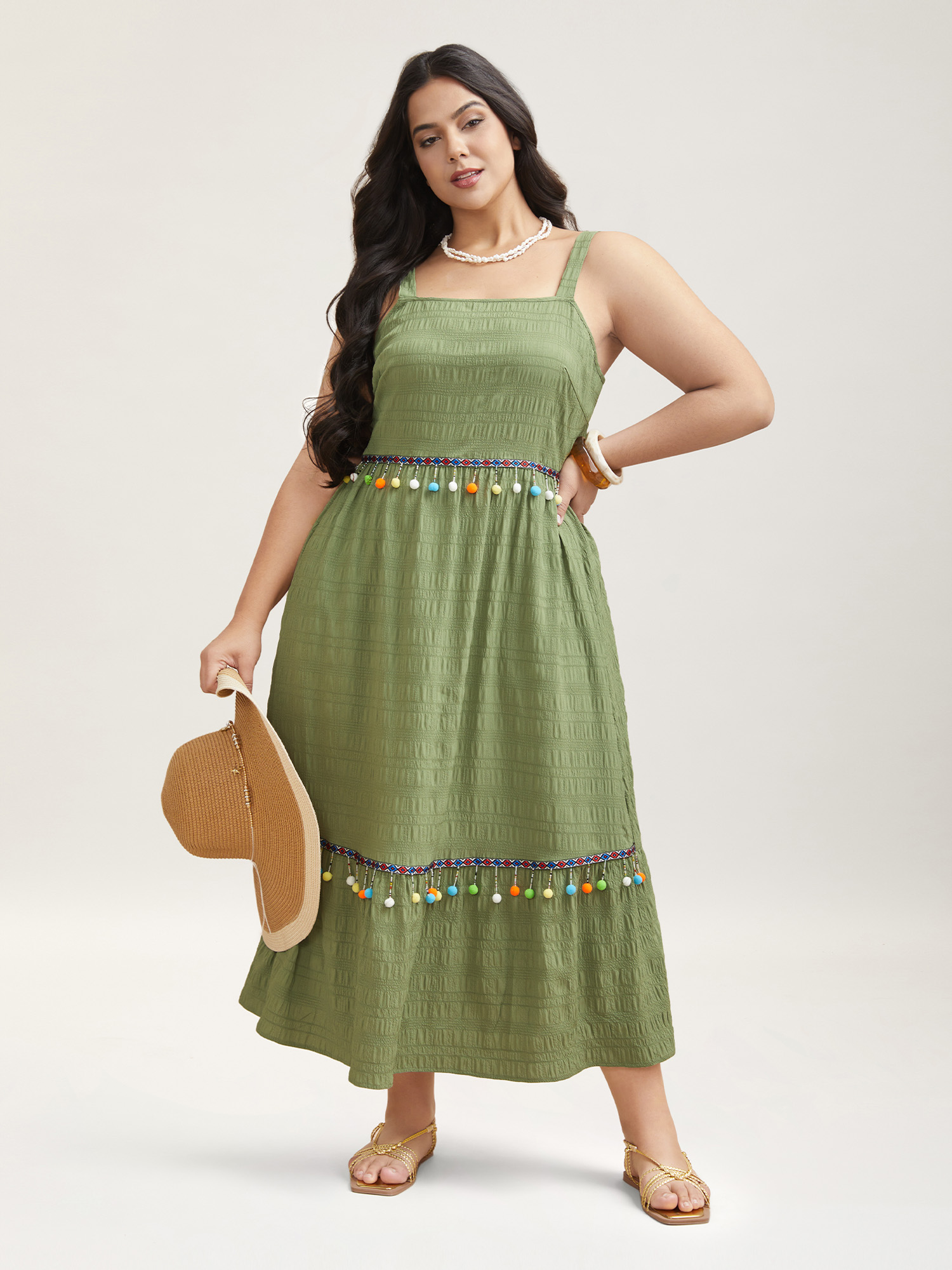 Plus Size Multi-Color Tassels Textured Tiered Midi Dress Greenbean Women Resort Woven ribbon&lace trim Square Neck Sleeveless Curvy BloomChic 22-24/3X 