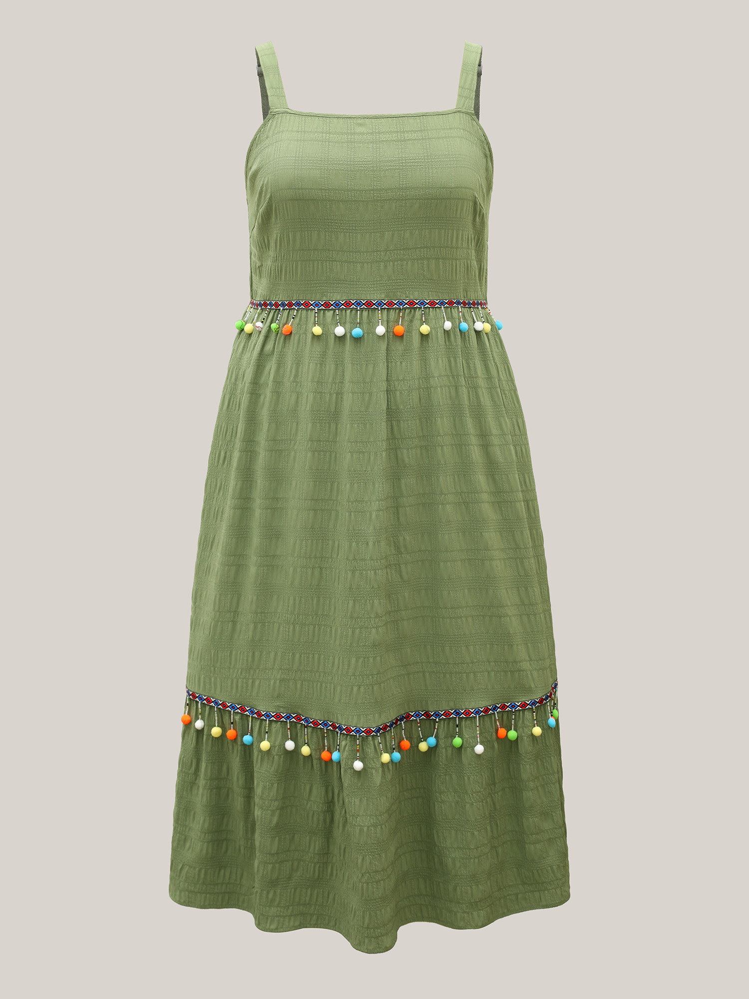 Plus Size Multi-Color Tassels Textured Tiered Midi Dress Greenbean Women Resort Woven ribbon&lace trim Square Neck Sleeveless Curvy BloomChic 22-24/3X 