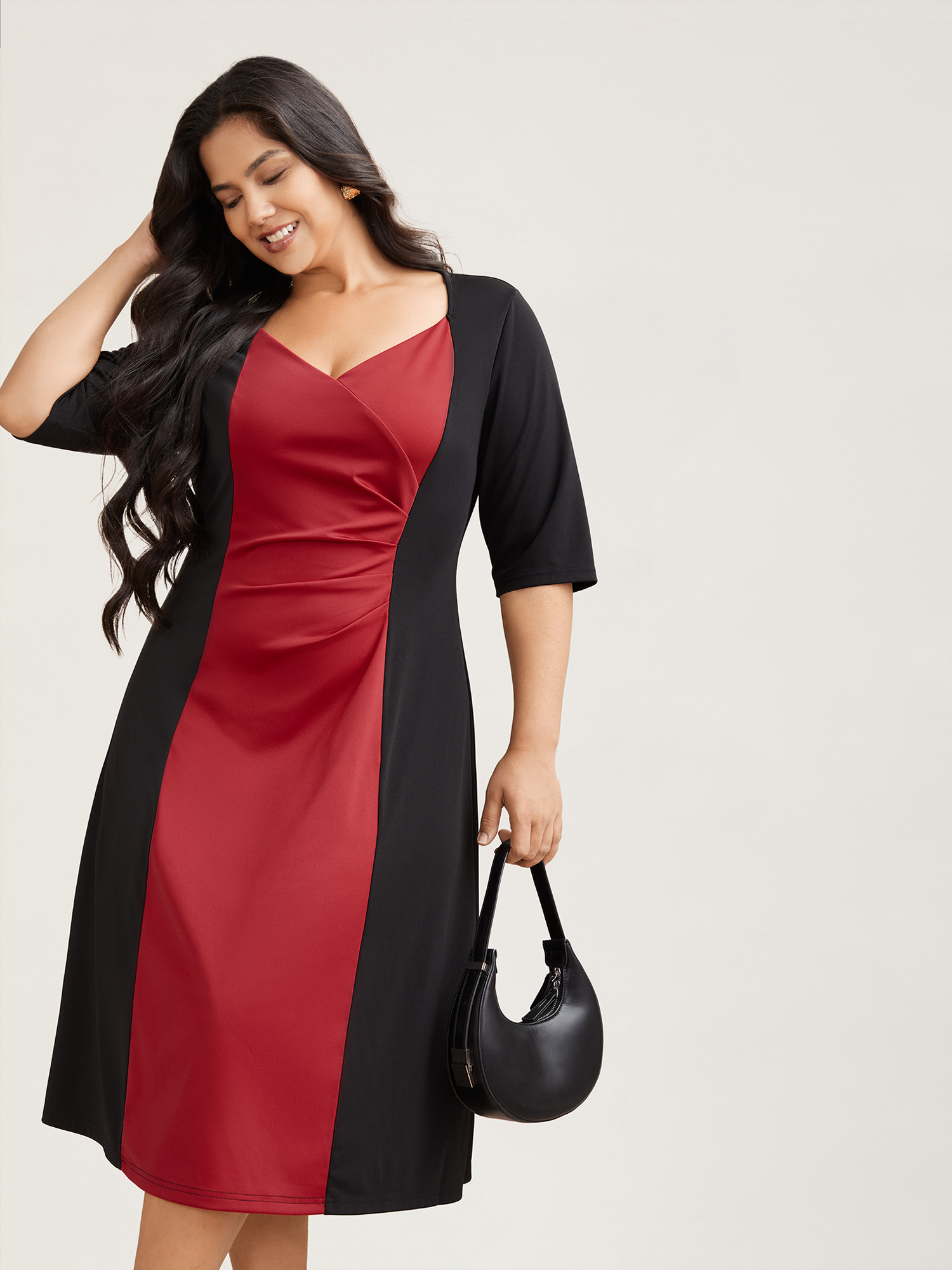 

Plus Size Color Block Fitted Waist Overlap Neck Dress Burgundy Women At the Office Contrast Knit Dresses Bloomchic