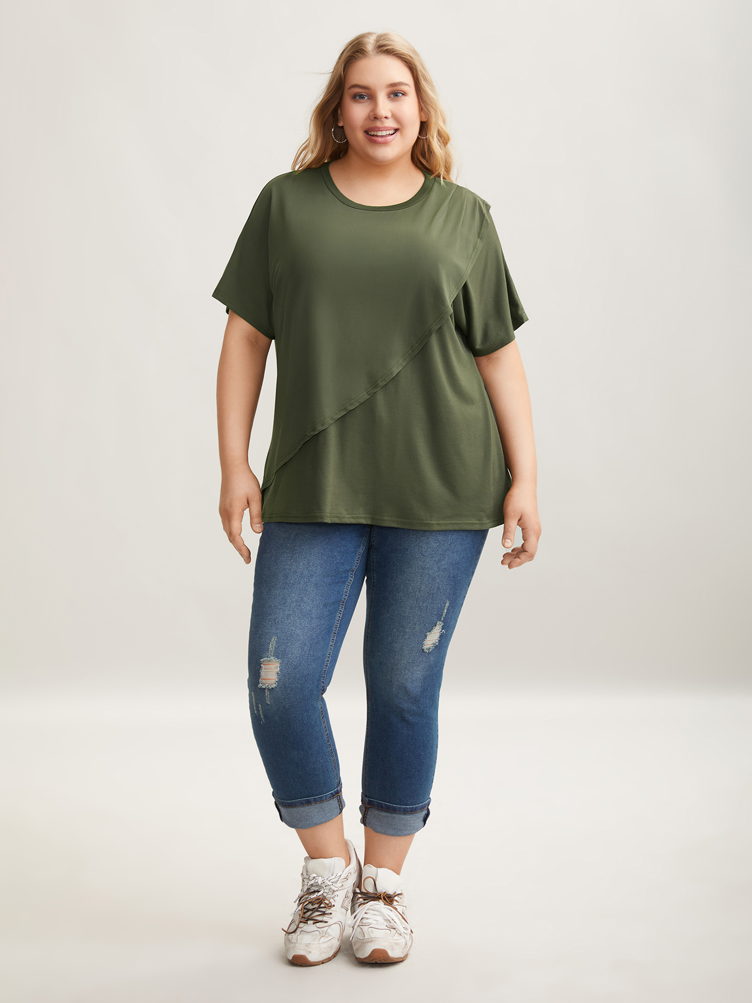 

Plus Size Stretchy Overlap Hem Mesh Plain Top ArmyGreen Round Neck Short sleeve Casual Jersey Tops