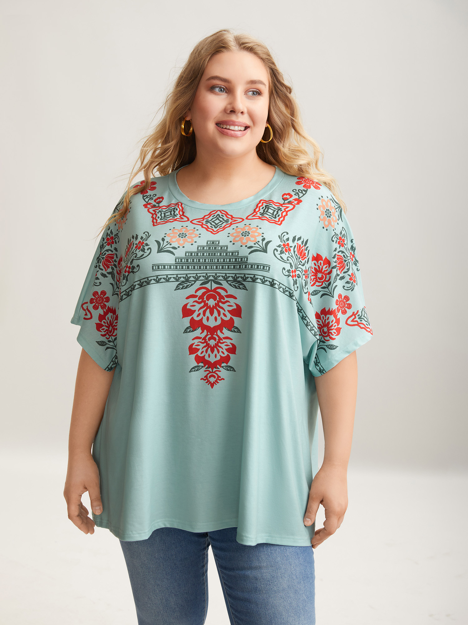 

Plus Size Boho Print Stretchy Half Sleeve T-Shirt Greenbean Women Casual Non Round Neck Everyday T-shirts BloomChic