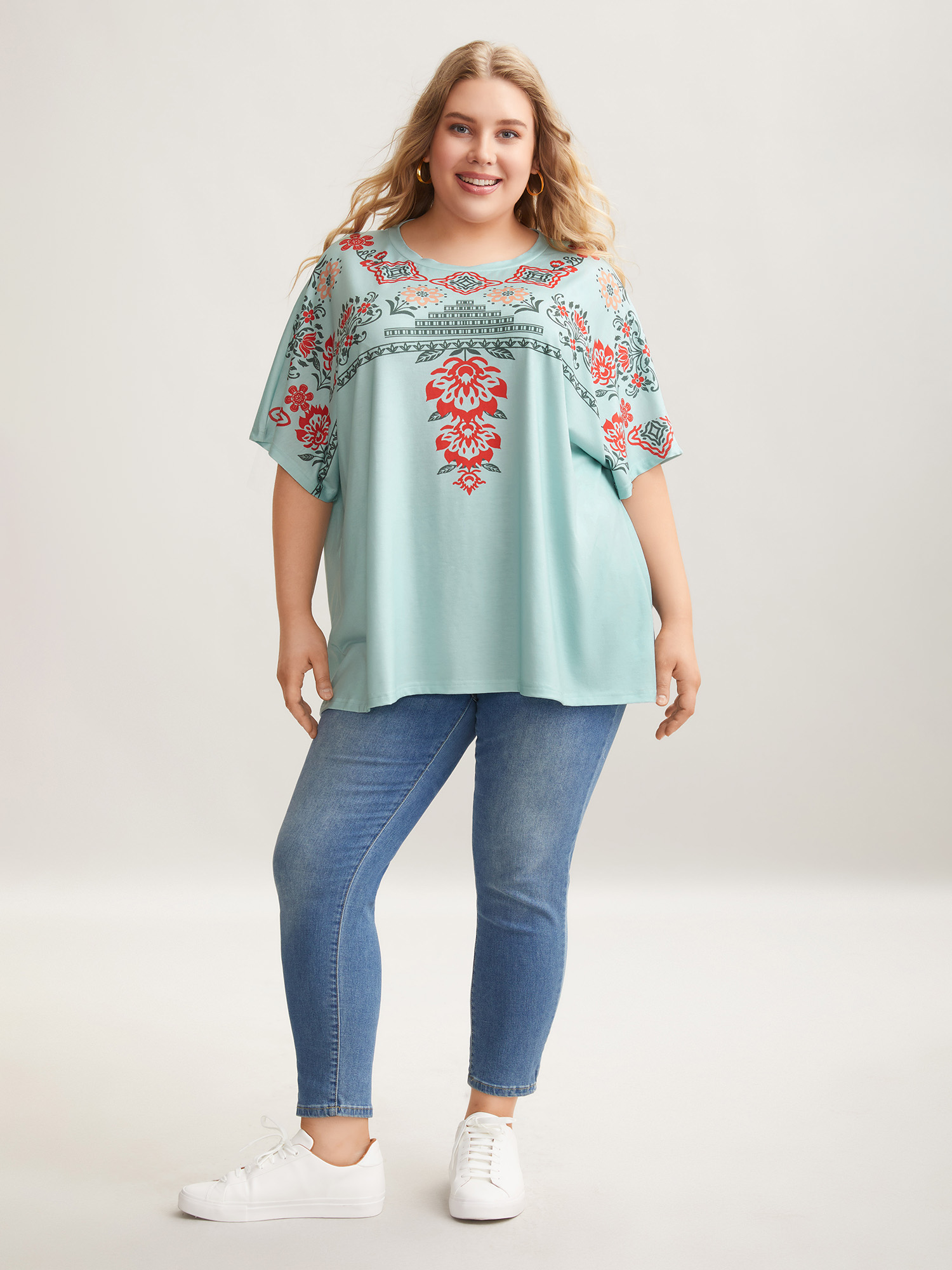 

Plus Size Boho Print Stretchy Half Sleeve T-Shirt Greenbean Women Casual Non Round Neck Everyday T-shirts BloomChic