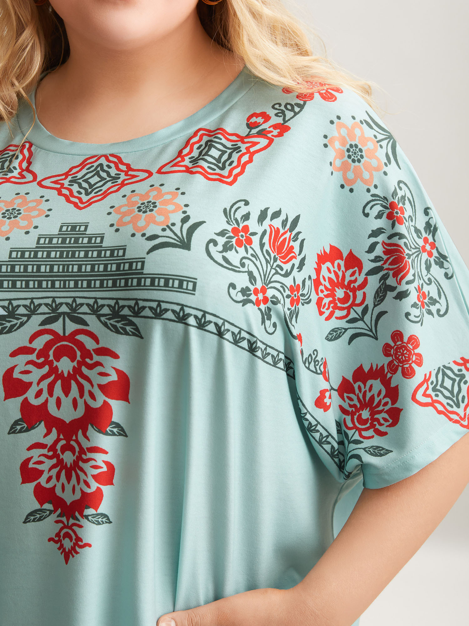 Plus Size Boho Print Stretchy Half Sleeve T-Shirt Greenbean Women Casual Non Round Neck Everyday T-shirts BloomChic 14-16/1X 