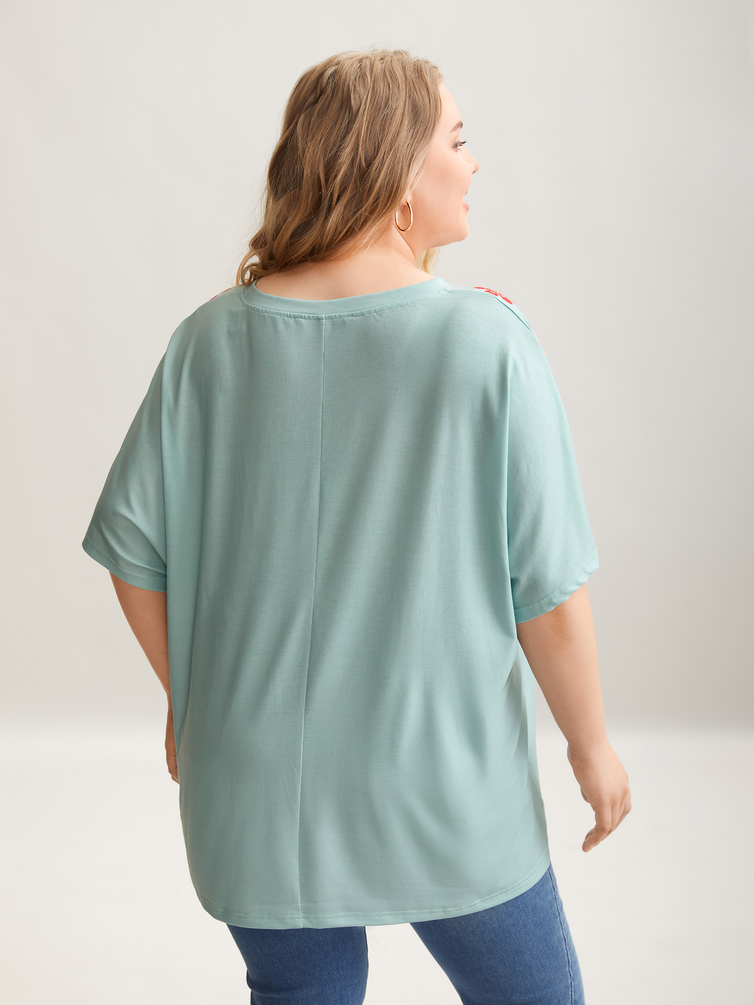 Plus Size Boho Print Stretchy Half Sleeve T-Shirt Greenbean Women Casual Non Round Neck Everyday T-shirts BloomChic 14-16/1X 