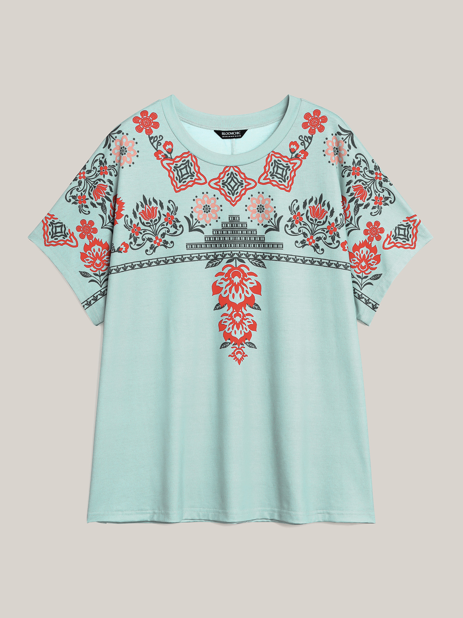 Plus Size Boho Print Stretchy Half Sleeve T-Shirt Greenbean Women Casual Non Round Neck Everyday T-shirts BloomChic 14-16/1X 