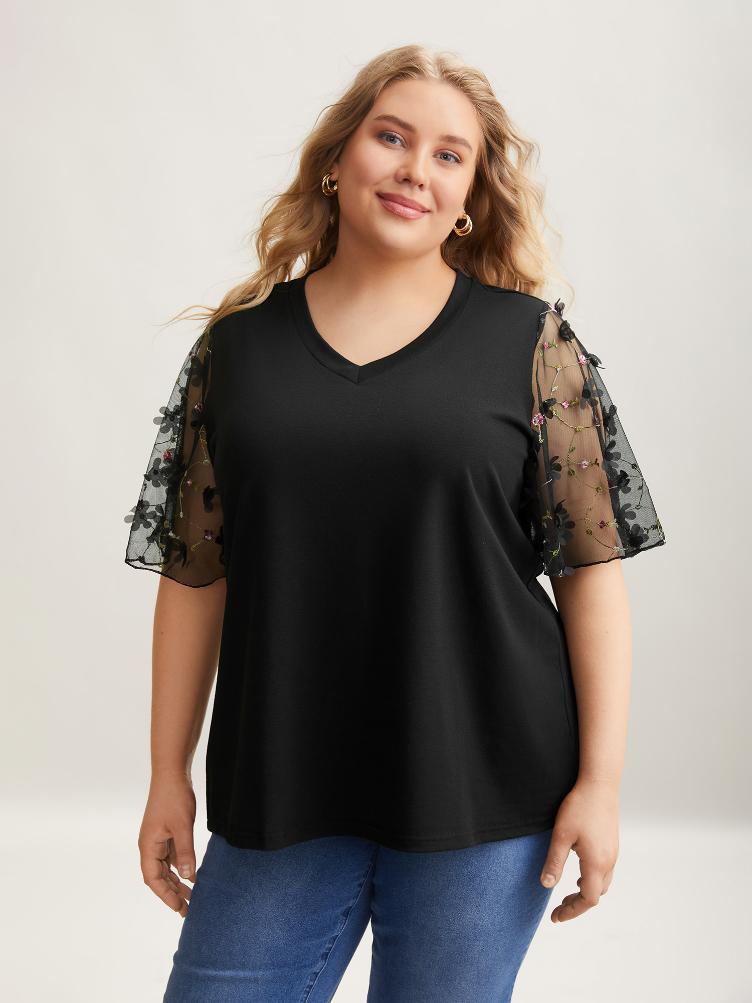 

Plus Size Sheer Mesh Sleeve Stretchy T-Shirt Black Women Elegant See through V-neck Everyday T-shirts BloomChic