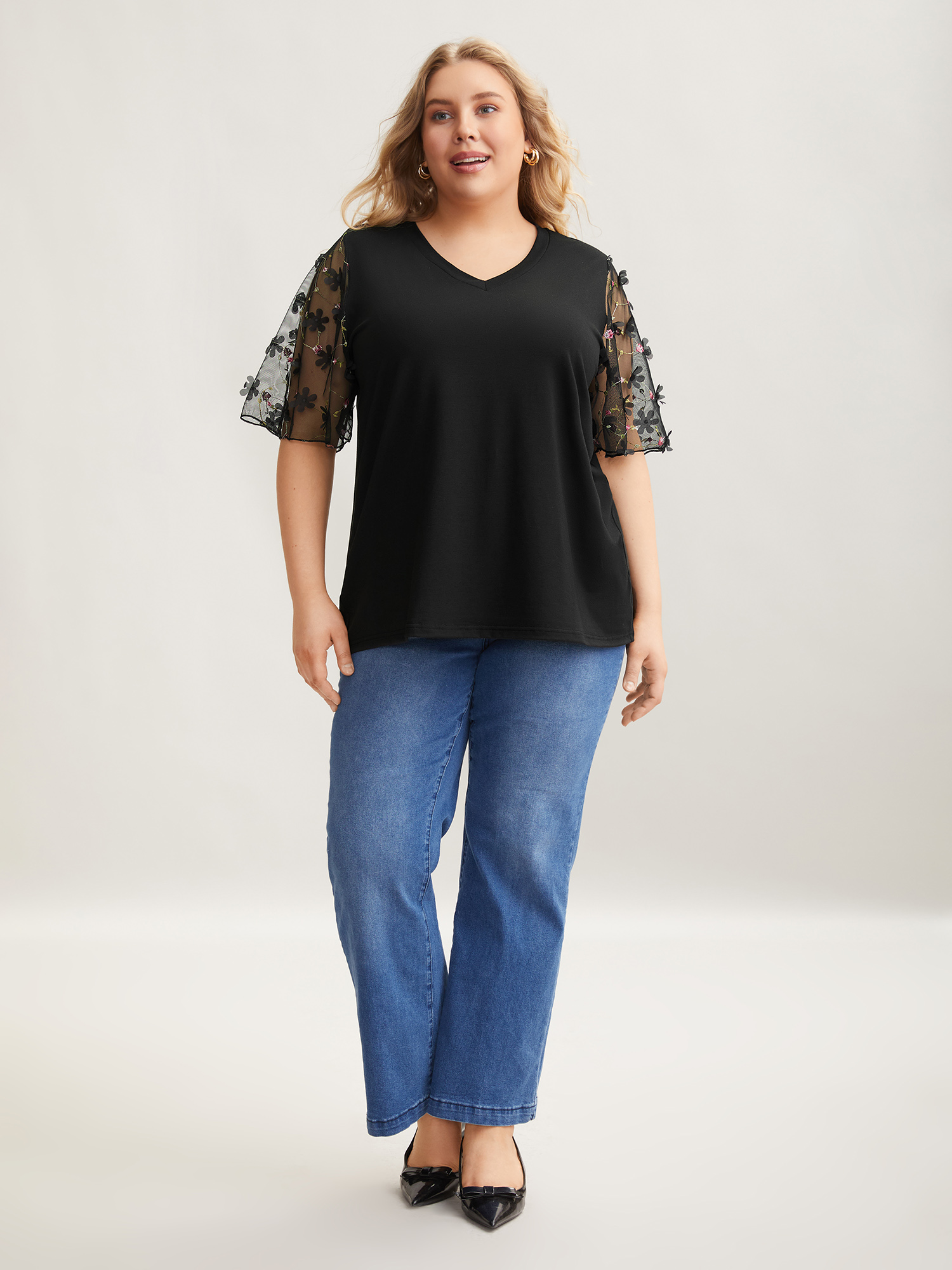 Plus Size Sheer Mesh Sleeve Stretchy T-Shirt Black Women Elegant See through V-neck Everyday T-shirts BloomChic 18-20/2X 