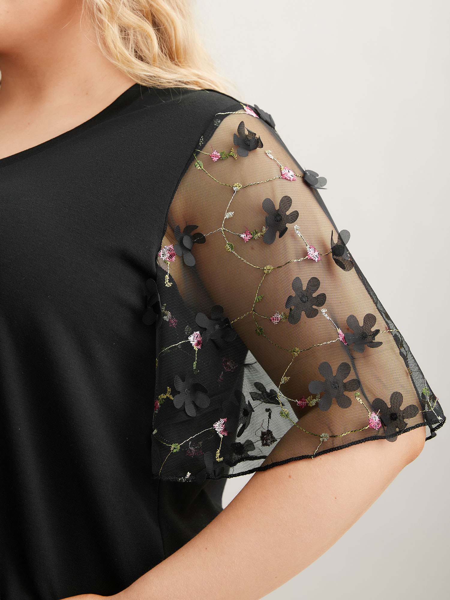 Plus Size Sheer Mesh Sleeve Stretchy T-Shirt Black Women Elegant See through V-neck Everyday T-shirts BloomChic 18-20/2X 