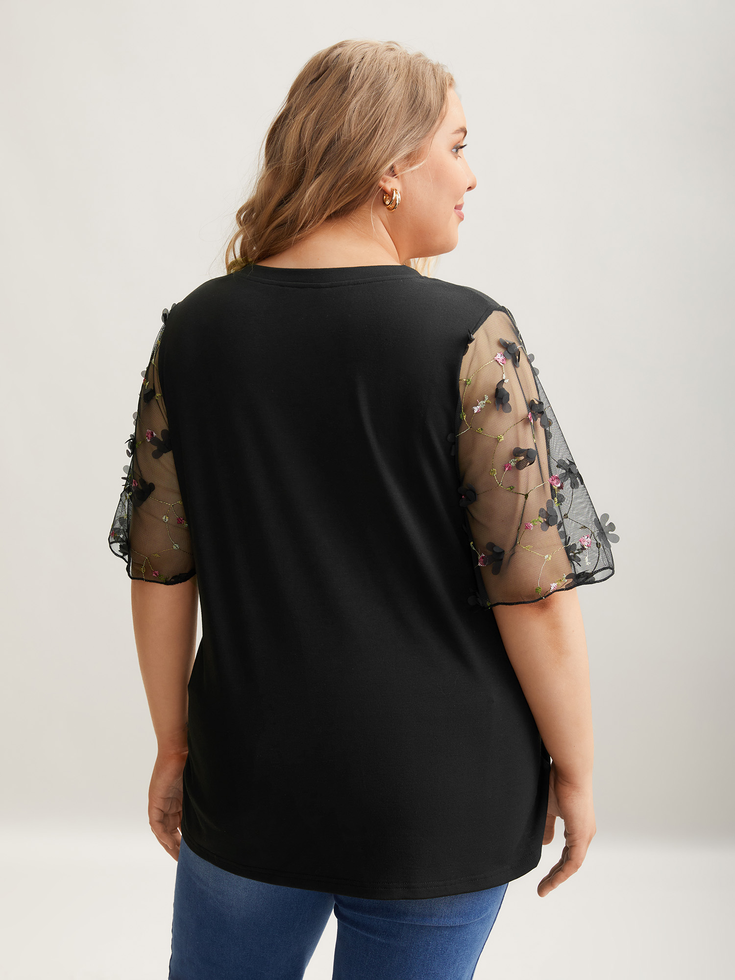 Plus Size Sheer Mesh Sleeve Stretchy T-Shirt Black Women Elegant See through V-neck Everyday T-shirts BloomChic 18-20/2X 