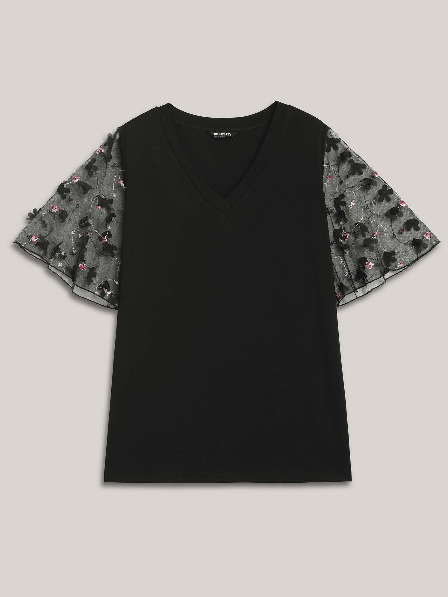 Plus Size Sheer Mesh Sleeve Stretchy T-Shirt Black Women Elegant See through V-neck Everyday T-shirts BloomChic 18-20/2X 