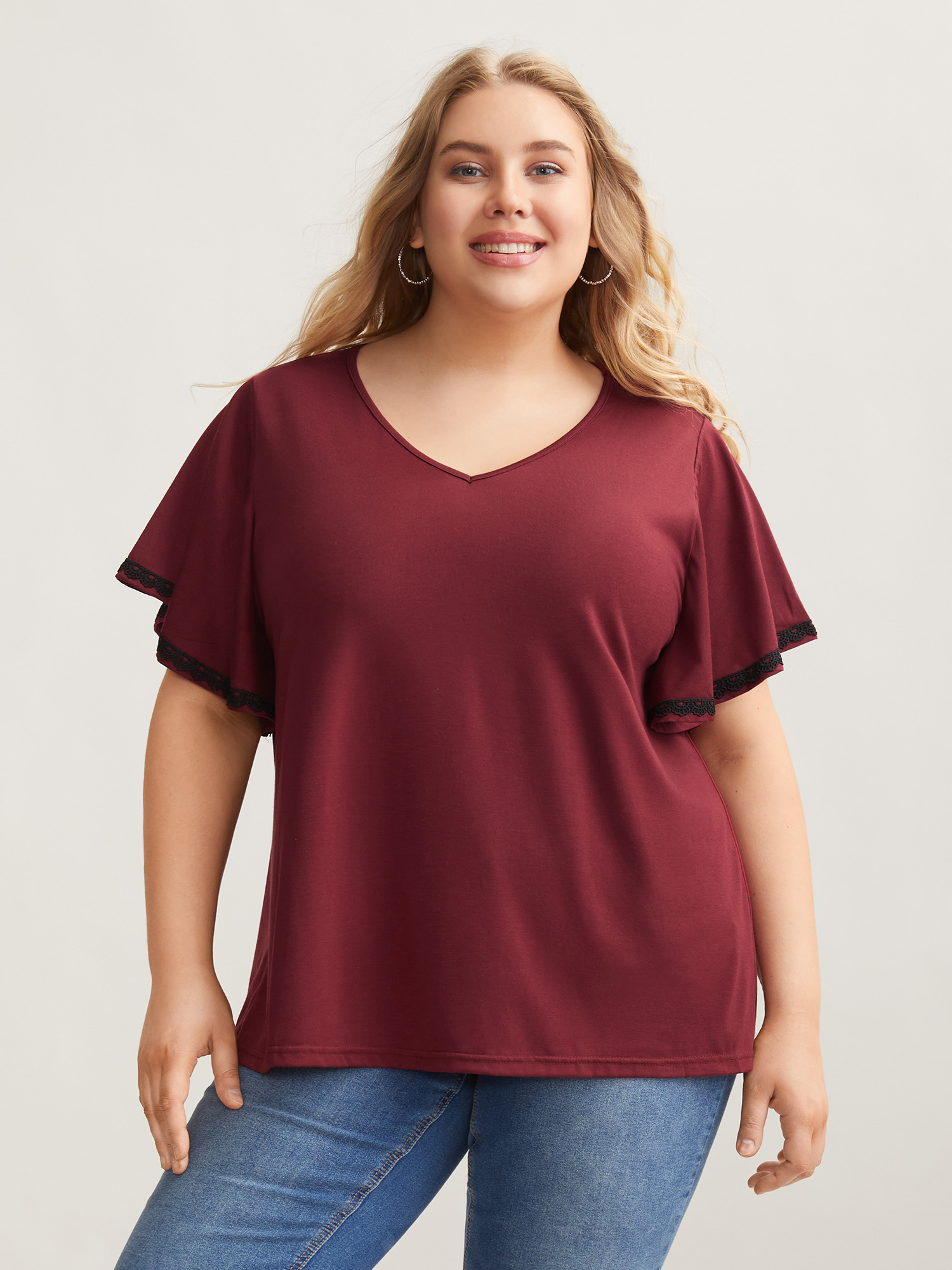 

Plus Size Stretchy Color Contrast Flutter Sleeve T-Shirt Scarlet Women Elegant Woven ribbon&lace trim V-neck Everyday T-shirts BloomChic