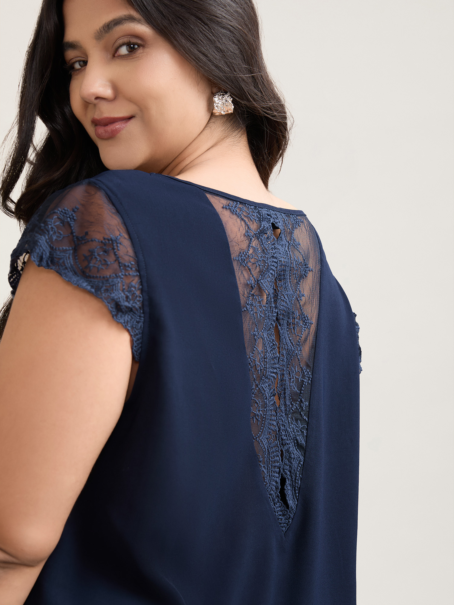 

Plus Size Indigo Back Lace Sheer Sleeve Solid Shirt Women Elegant Cap Sleeve V-neck Everyday Blouses BloomChic