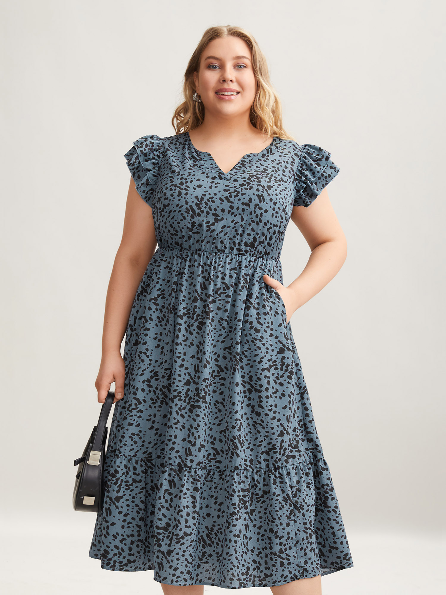 

Plus Size Leopard Print Flutter Sleeve Tiered Midi Dress Stone Women At the Office Ruffles Flat collar with V-notch Cap Sleeve Curvy BloomChic