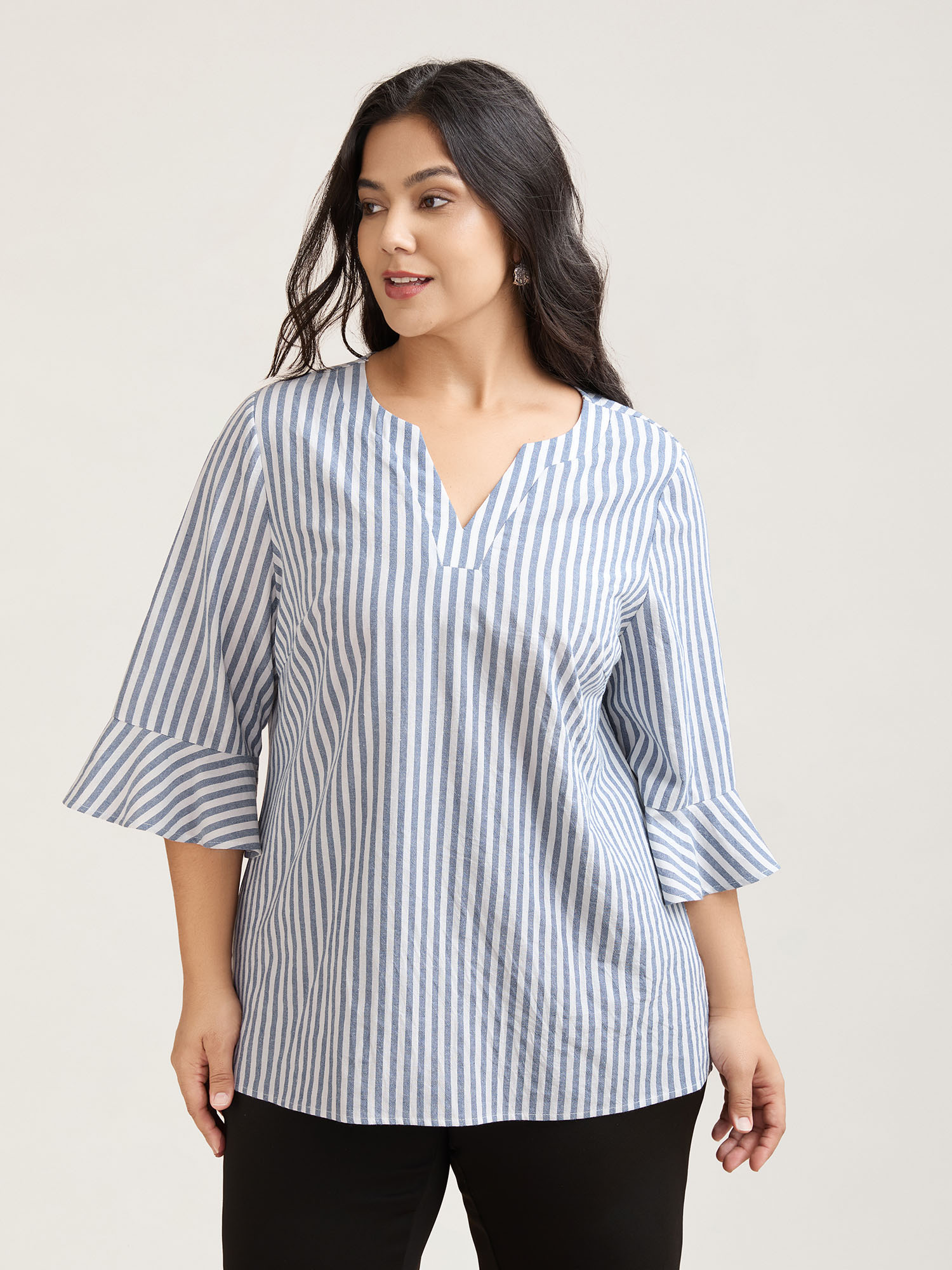 

Plus Size Stone Striped Split Neck Flared Sleeve Shirt Women At the Office Elbow-length sleeve Notched collar Work Blouses BloomChic