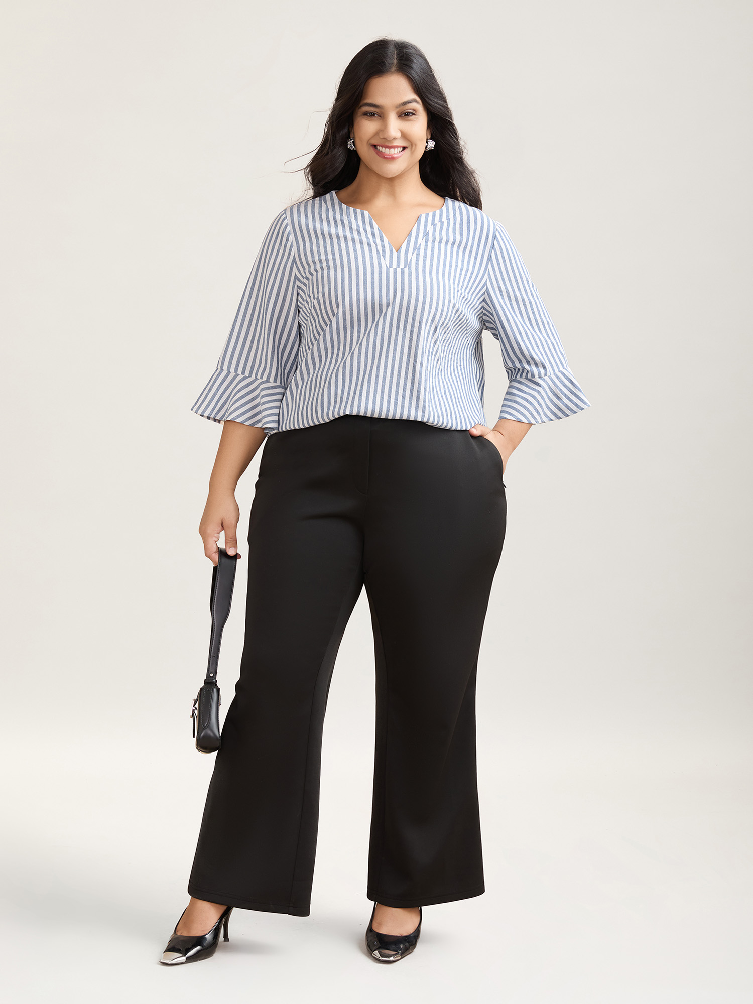 Plus Size Stone Striped Split Neck Flared Sleeve Shirt Women At the Office Elbow-length sleeve Notched collar Work Blouses BloomChic 14-16/1X 