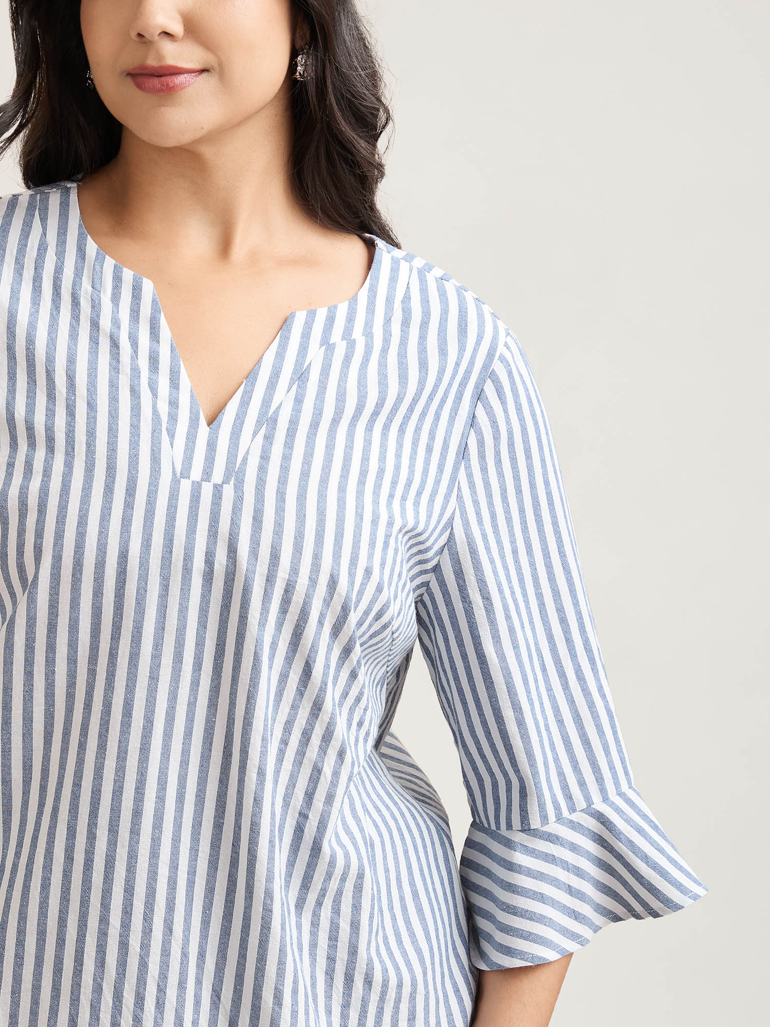 Plus Size Stone Striped Split Neck Flared Sleeve Shirt Women At the Office Elbow-length sleeve Notched collar Work Blouses BloomChic 14-16/1X 