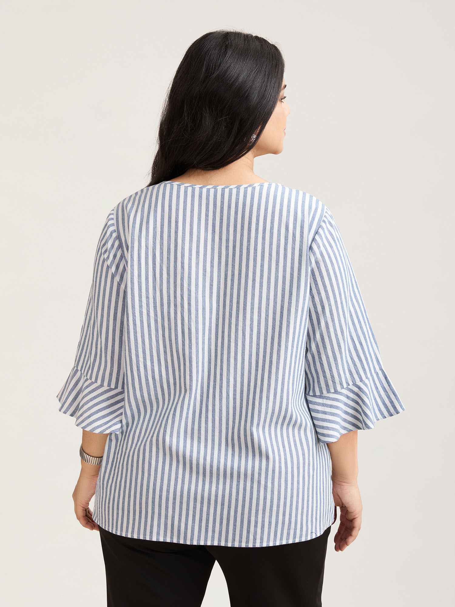 Plus Size Stone Striped Split Neck Flared Sleeve Shirt Women At the Office Elbow-length sleeve Notched collar Work Blouses BloomChic 14-16/1X 