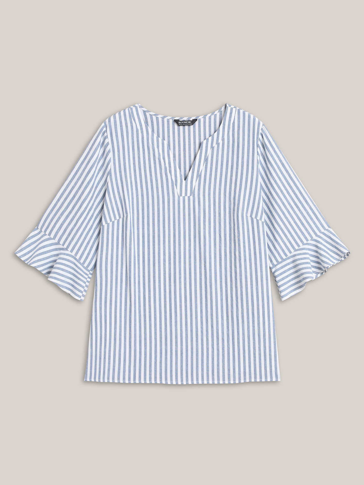 Plus Size Stone Striped Split Neck Flared Sleeve Shirt Women At the Office Elbow-length sleeve Notched collar Work Blouses BloomChic 14-16/1X 