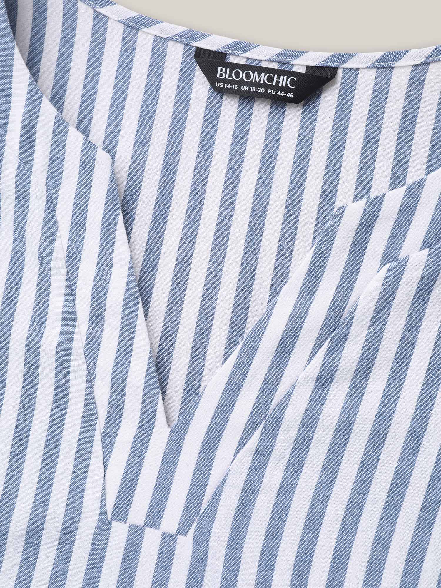 Plus Size Stone Striped Split Neck Flared Sleeve Shirt Women At the Office Elbow-length sleeve Notched collar Work Blouses BloomChic 14-16/1X 