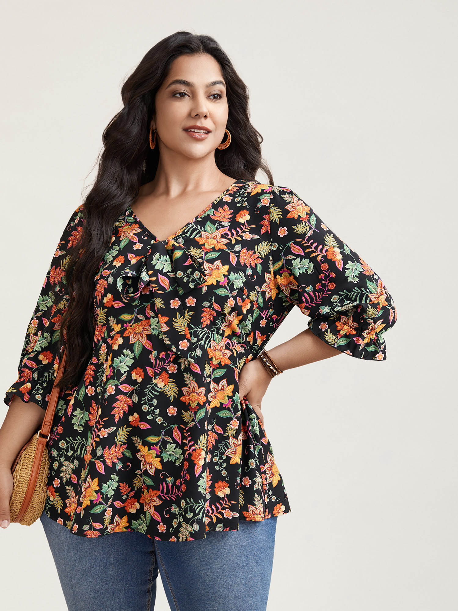 

Plus Size Black Floral Print Knotted Neckline Flared Shirt Women Resort Elbow-length sleeve V-neck Vacation Blouses BloomChic