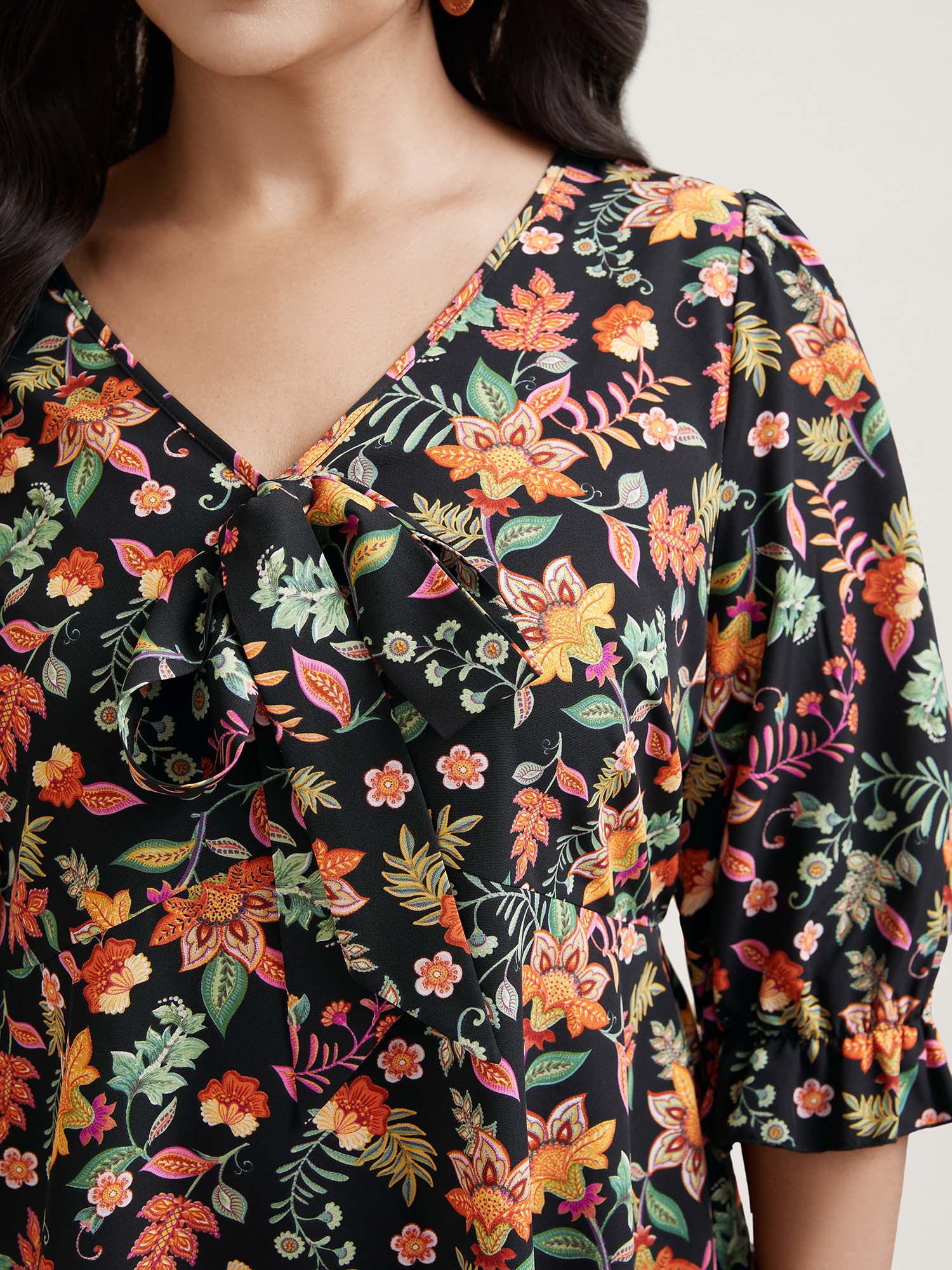 Plus Size Black Floral Print Knotted Neckline Flared Shirt Women Resort Elbow-length sleeve V-neck Vacation Blouses BloomChic 30/6X 