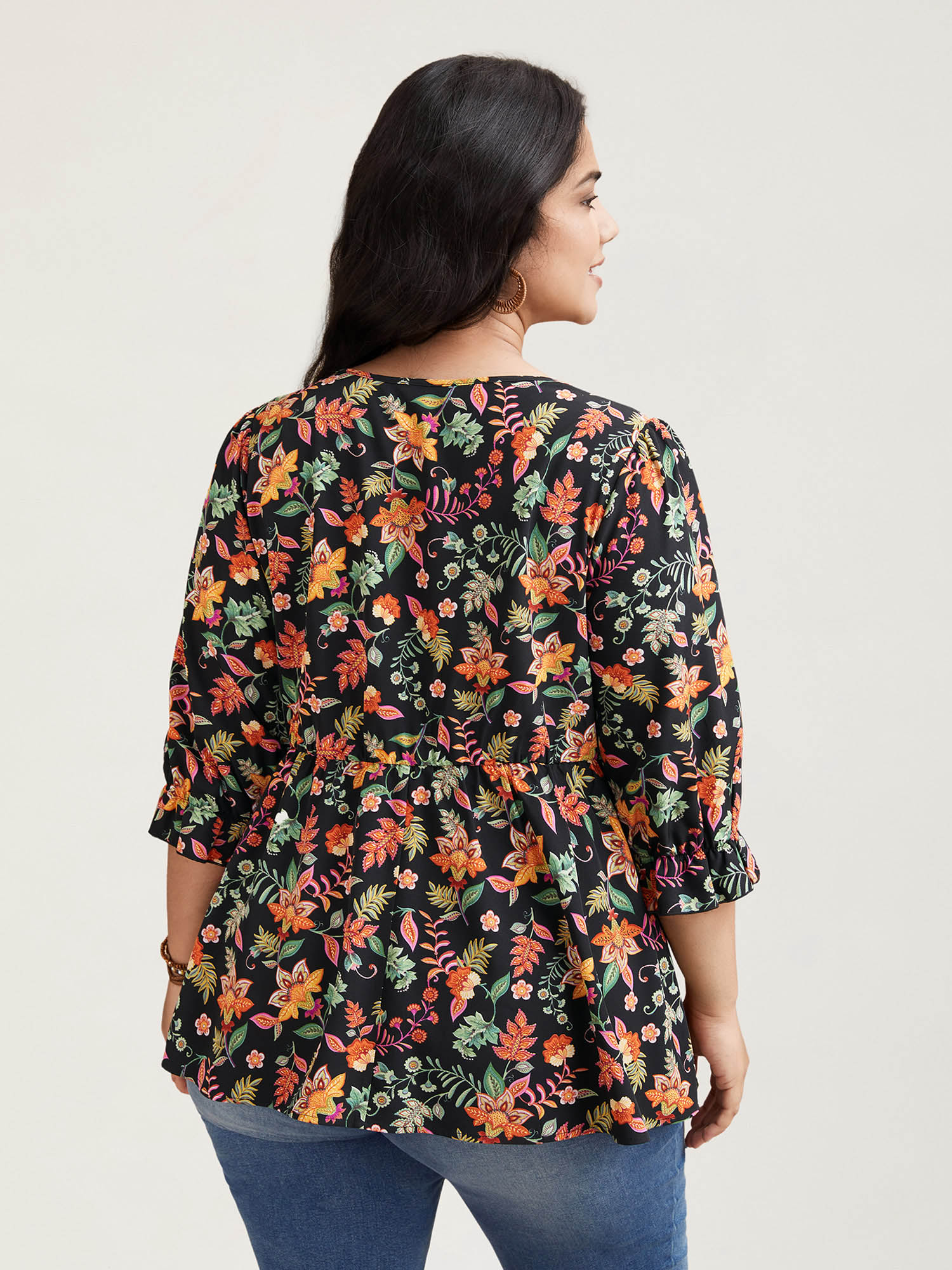 Plus Size Black Floral Print Knotted Neckline Flared Shirt Women Resort Elbow-length sleeve V-neck Vacation Blouses BloomChic 30/6X 