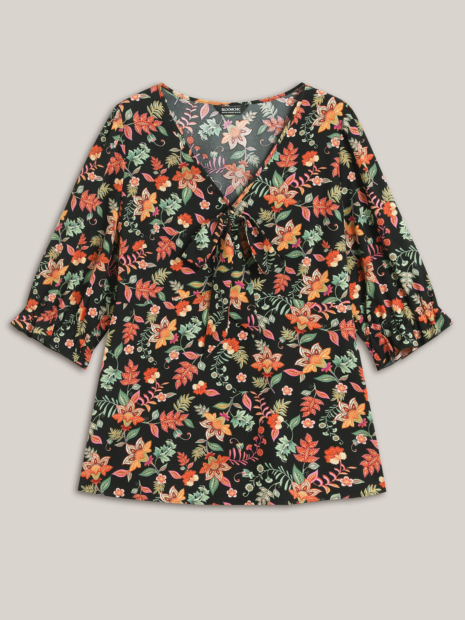 Plus Size Black Floral Print Knotted Neckline Flared Shirt Women Resort Elbow-length sleeve V-neck Vacation Blouses BloomChic 30/6X 