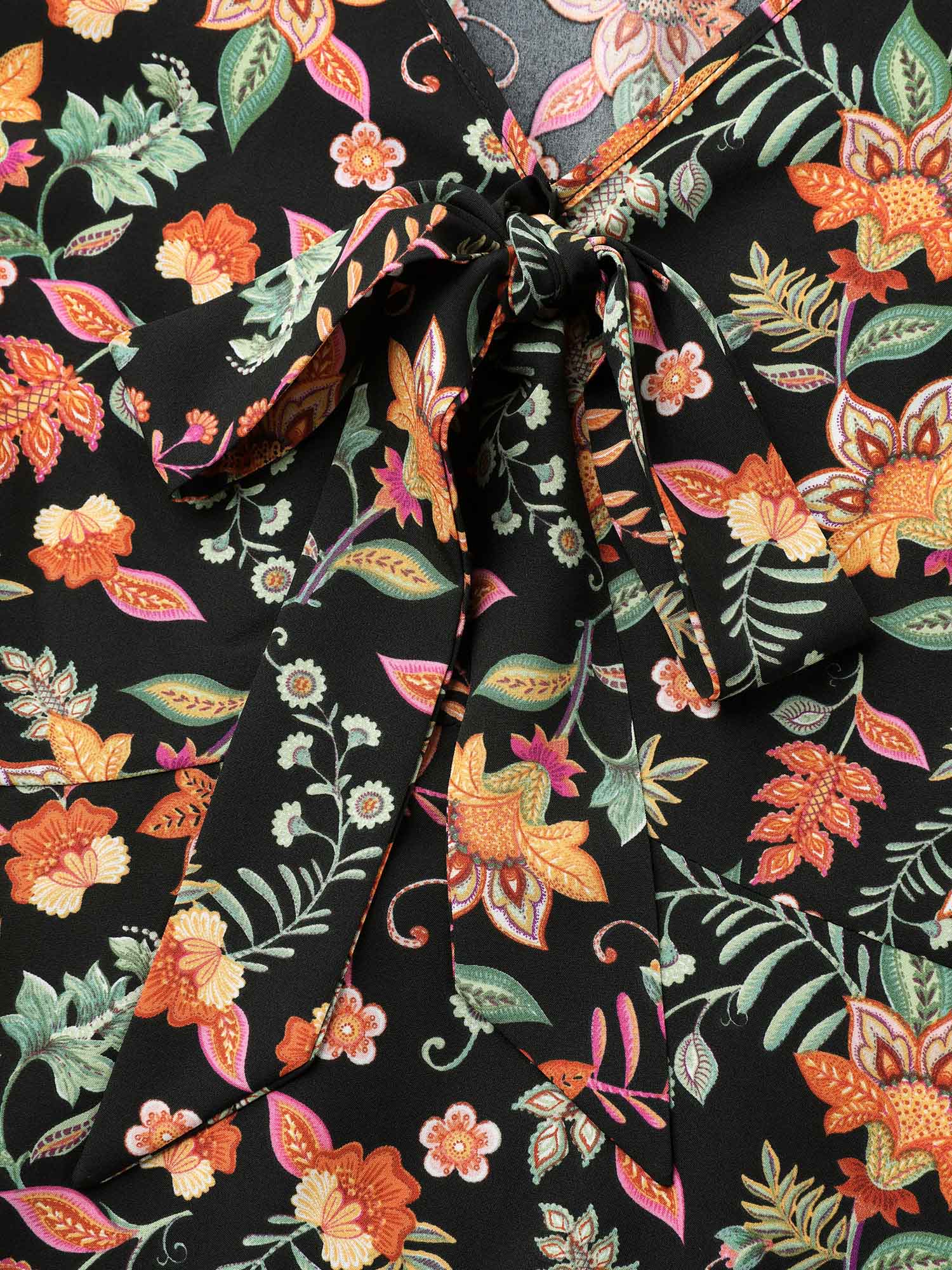 Plus Size Black Floral Print Knotted Neckline Flared Shirt Women Resort Elbow-length sleeve V-neck Vacation Blouses BloomChic 30/6X 