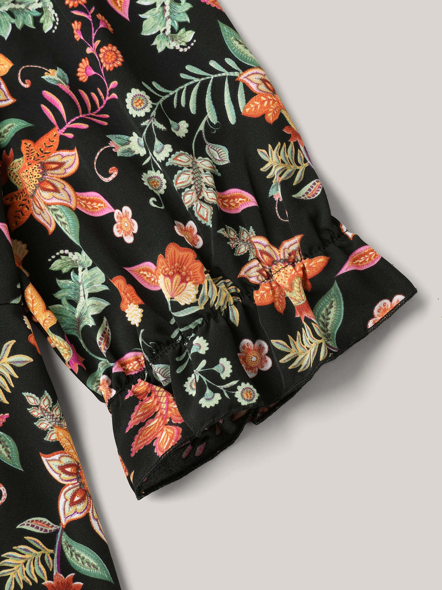 Plus Size Black Floral Print Knotted Neckline Flared Shirt Women Resort Elbow-length sleeve V-neck Vacation Blouses BloomChic 30/6X 