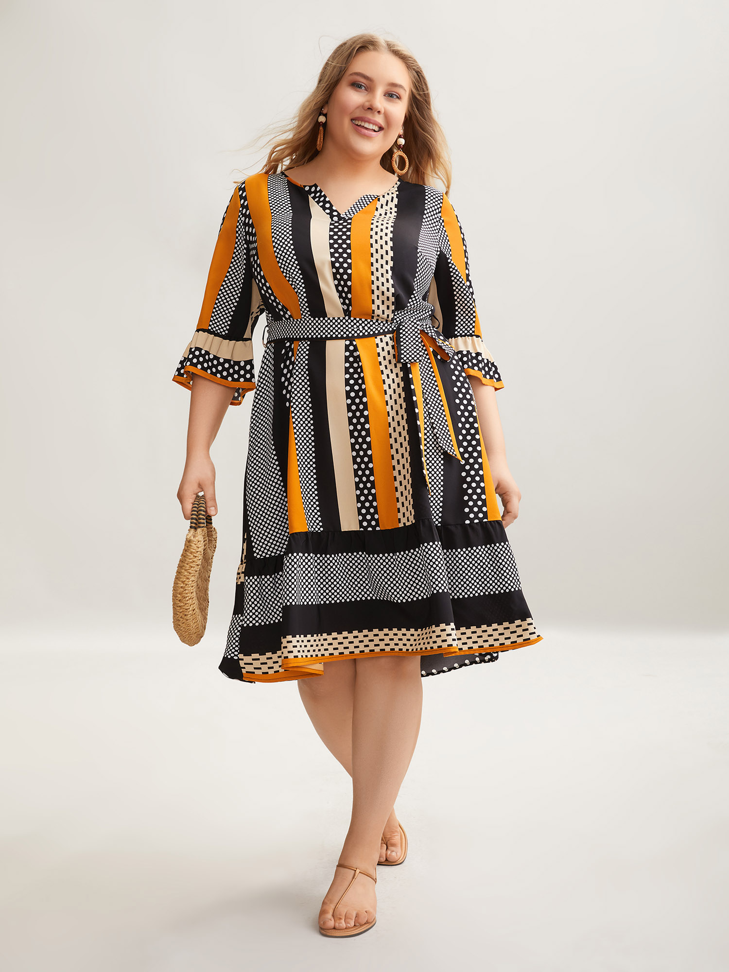 

Plus Size Geometric Print Split Neck Tied Midi Dress Multicolor Women Resort Belted Flat collar with V-notch Elbow-length sleeve Curvy BloomChic