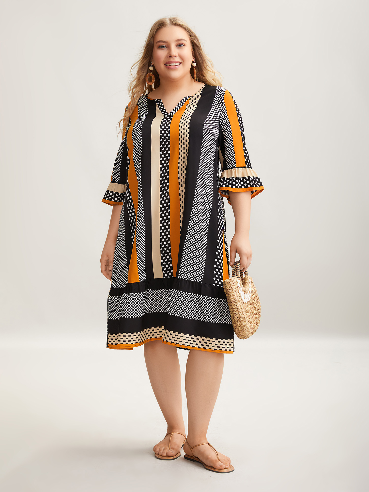 

Plus Size Geometric Print Split Neck Tied Midi Dress Multicolor Women Resort Belted Flat collar with V-notch Elbow-length sleeve Curvy BloomChic