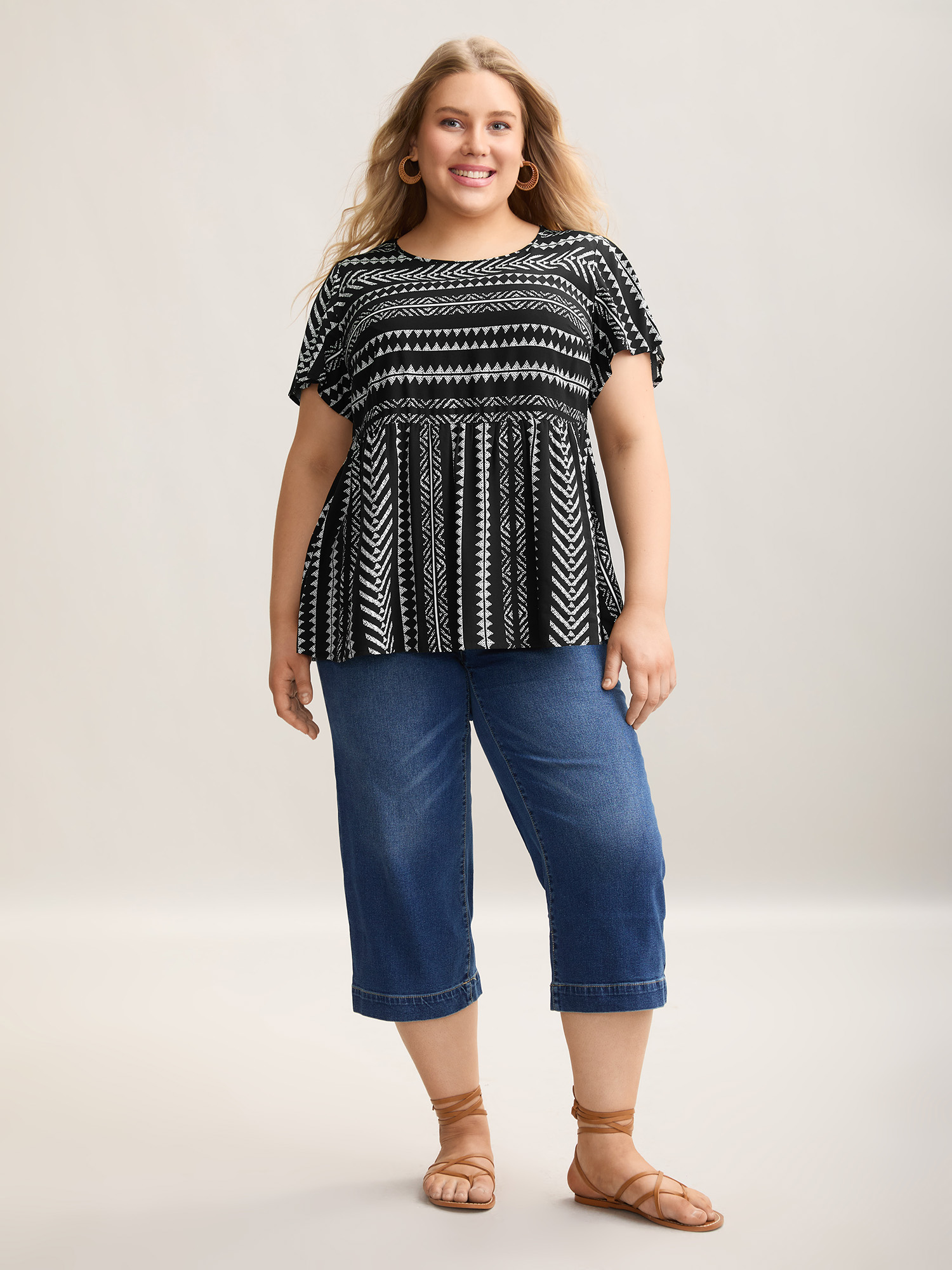 Plus Size Black Boho Striped Round Neck Babydoll Shirt Women Resort Cap Sleeve Round Neck Vacation Blouses BloomChic 14-16/1X 