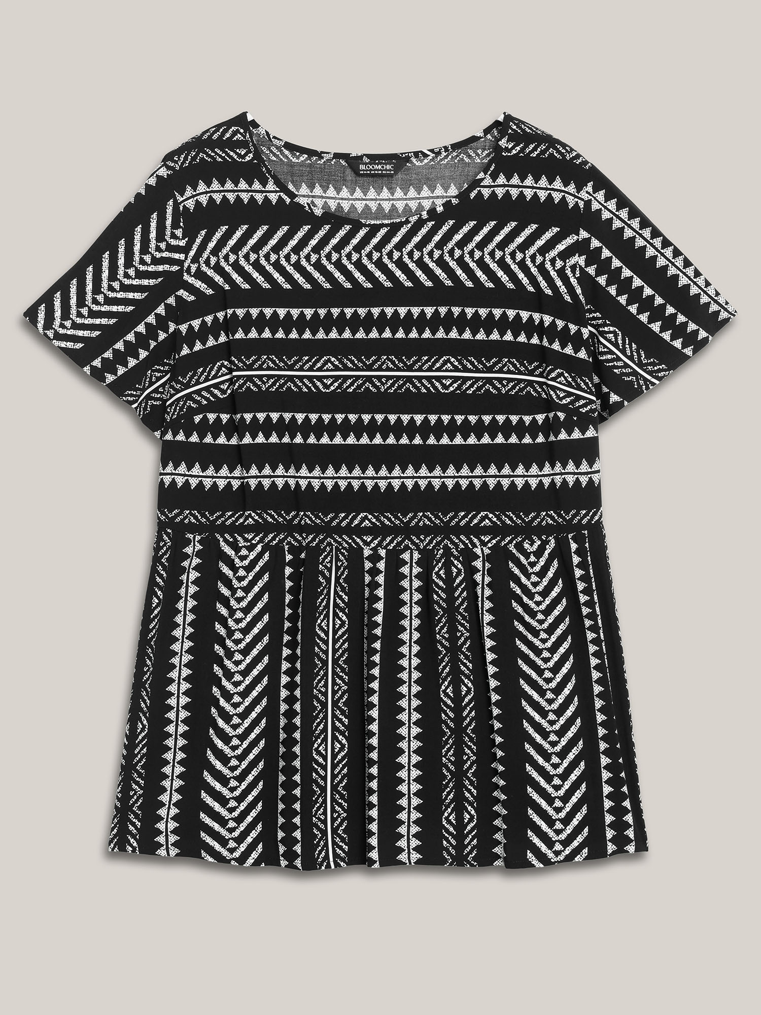 Plus Size Black Boho Striped Round Neck Babydoll Shirt Women Resort Cap Sleeve Round Neck Vacation Blouses BloomChic 14-16/1X 