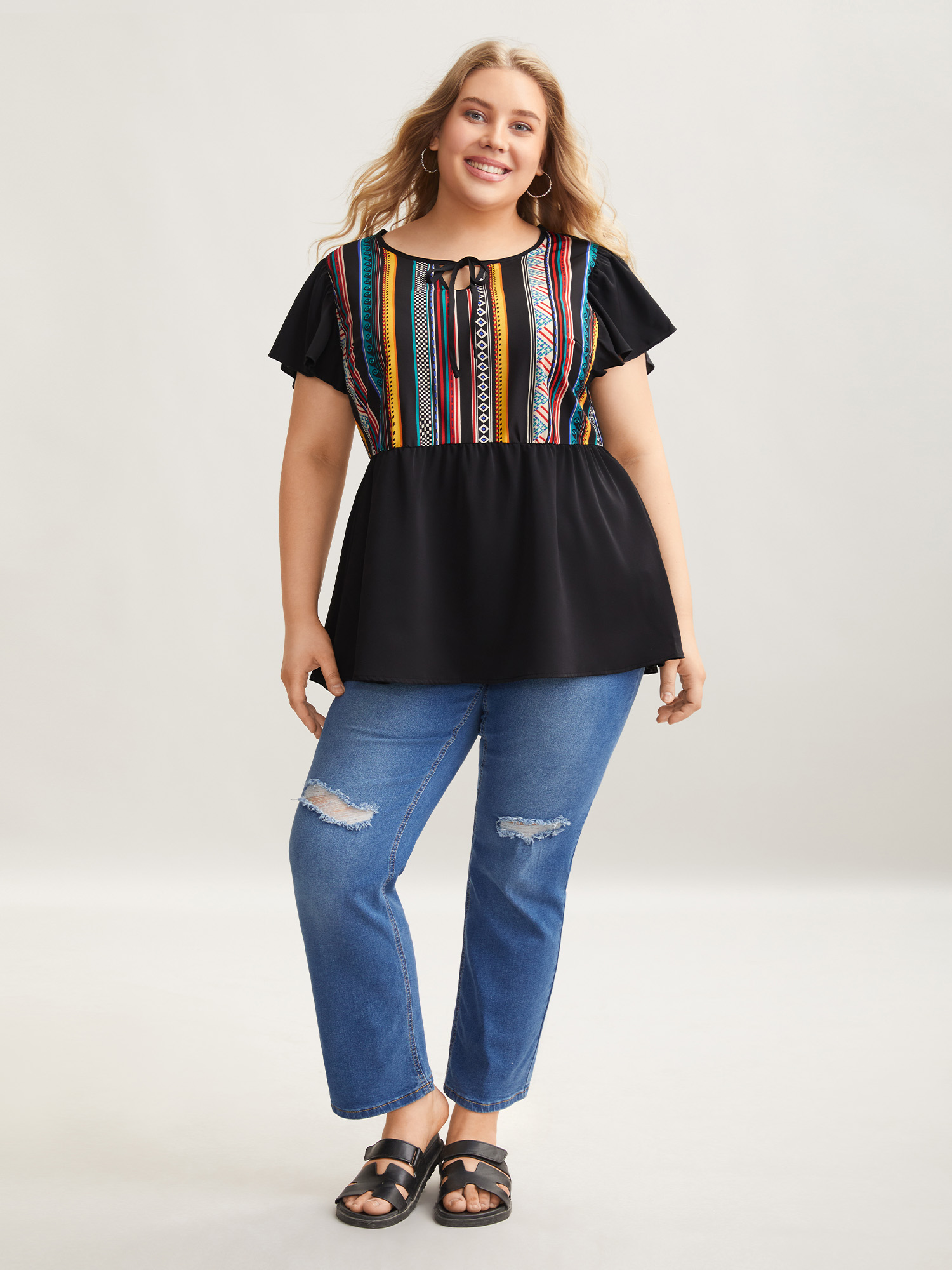 

Plus Size Black Multi-Color Striped Neck Tie Shirt Women Casual Cap Sleeve Notched collar Everyday Blouses BloomChic