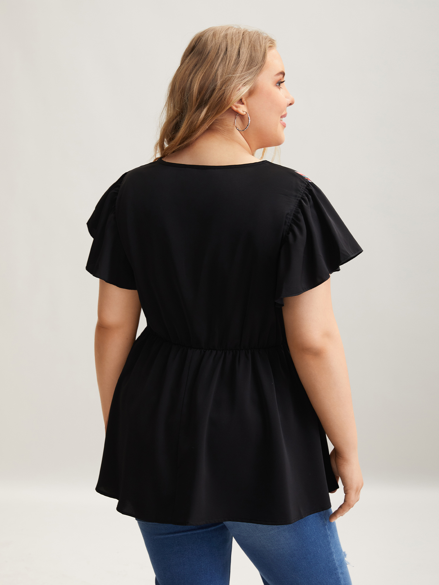 Plus Size Black Multi-Color Striped Neck Tie Shirt Women Casual Cap Sleeve Notched collar Everyday Blouses BloomChic 30/6X 