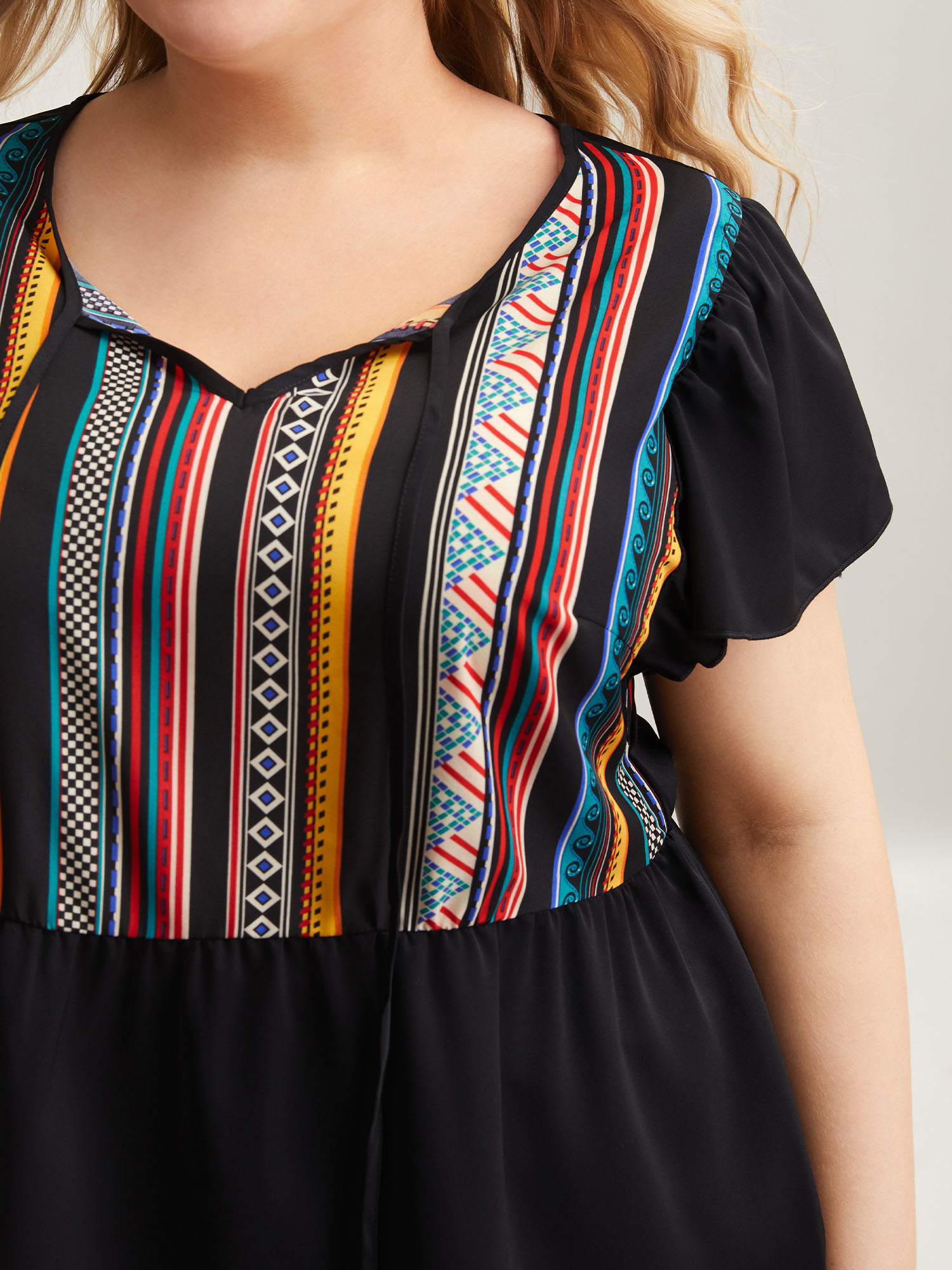 Plus Size Black Multi-Color Striped Neck Tie Shirt Women Casual Cap Sleeve Notched collar Everyday Blouses BloomChic 30/6X 