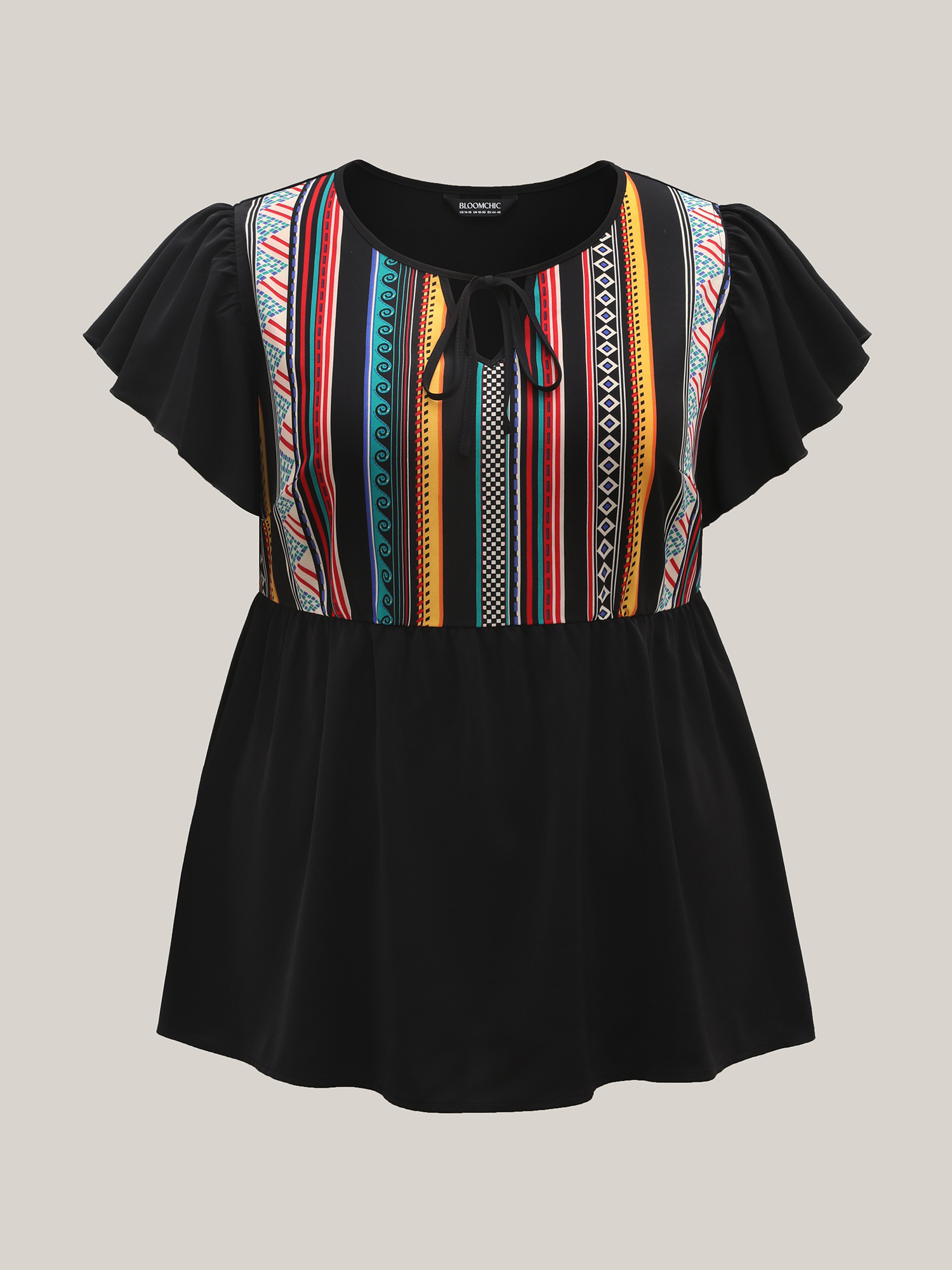 Plus Size Black Multi-Color Striped Neck Tie Shirt Women Casual Cap Sleeve Notched collar Everyday Blouses BloomChic 30/6X 