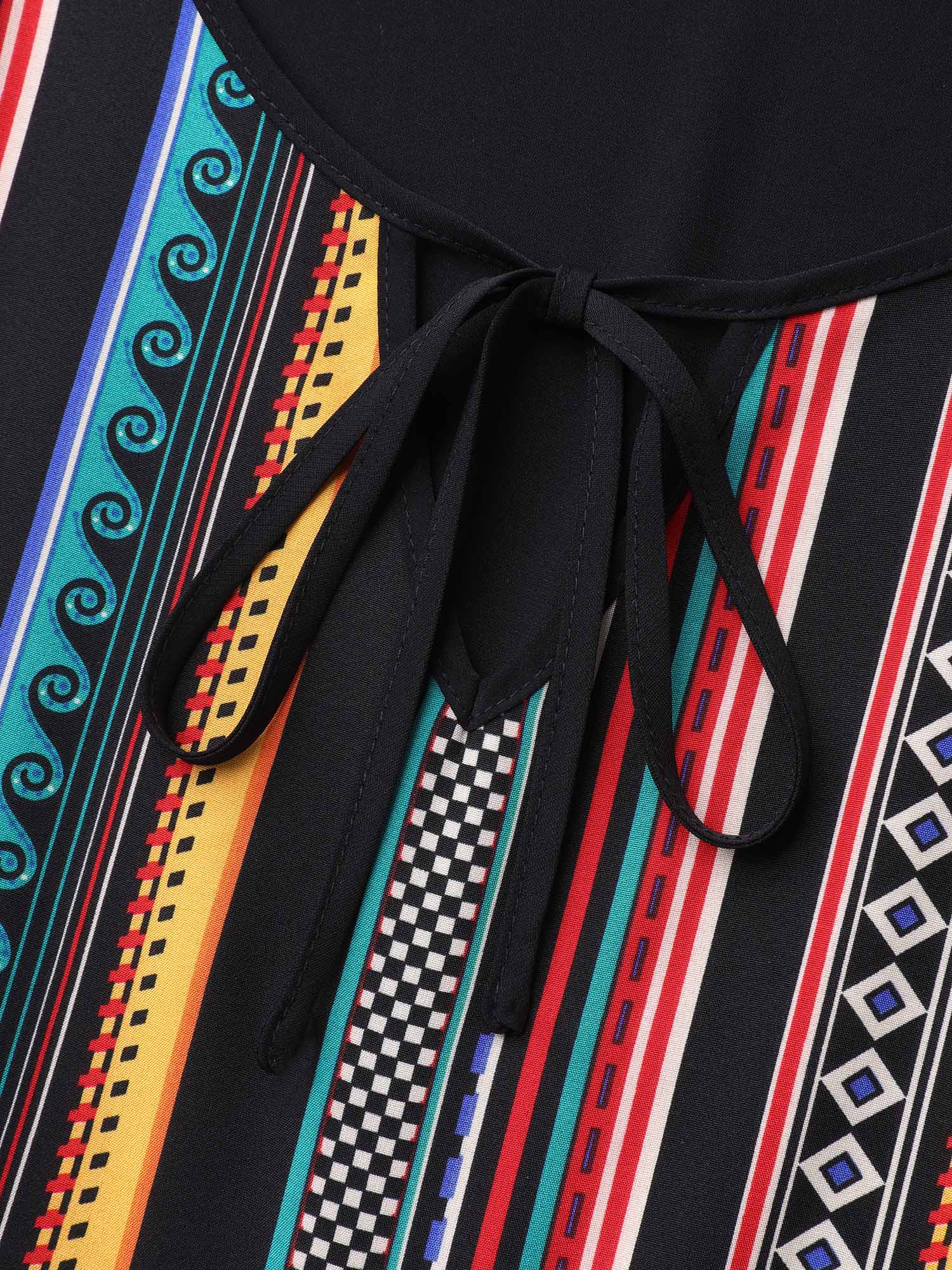 Plus Size Black Multi-Color Striped Neck Tie Shirt Women Casual Cap Sleeve Notched collar Everyday Blouses BloomChic 30/6X 