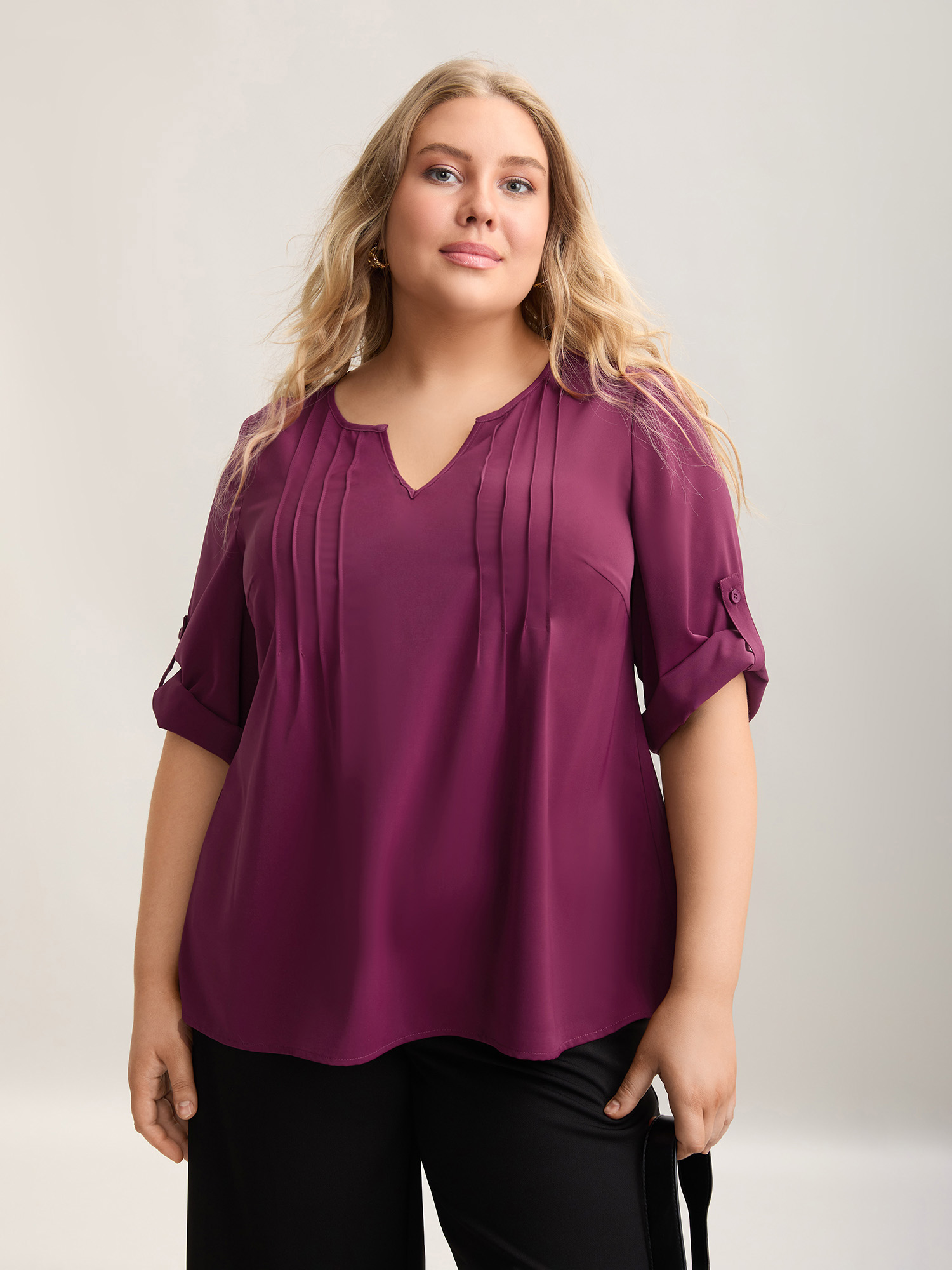 

Plus Size Plum Toothpick Pleat Gathered Sleeve Solid Shirt Women At the Office Elbow-length sleeve Notched collar Work Blouses BloomChic