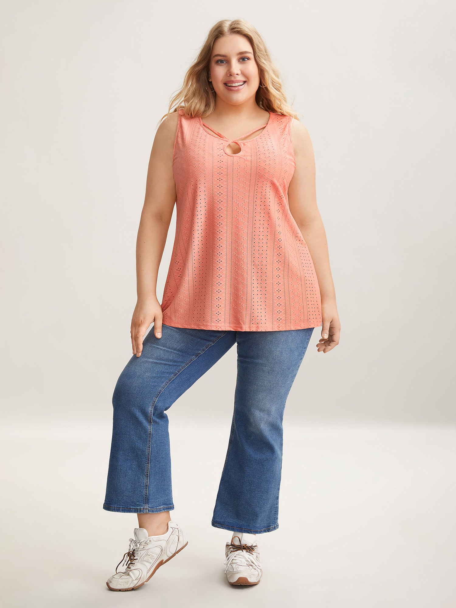 Plus Size Neck Keyhole Fitted Sleeveless Top Women Coral Casual Texture Round Neck Everyday Tank Tops Camis BloomChic 10/M 