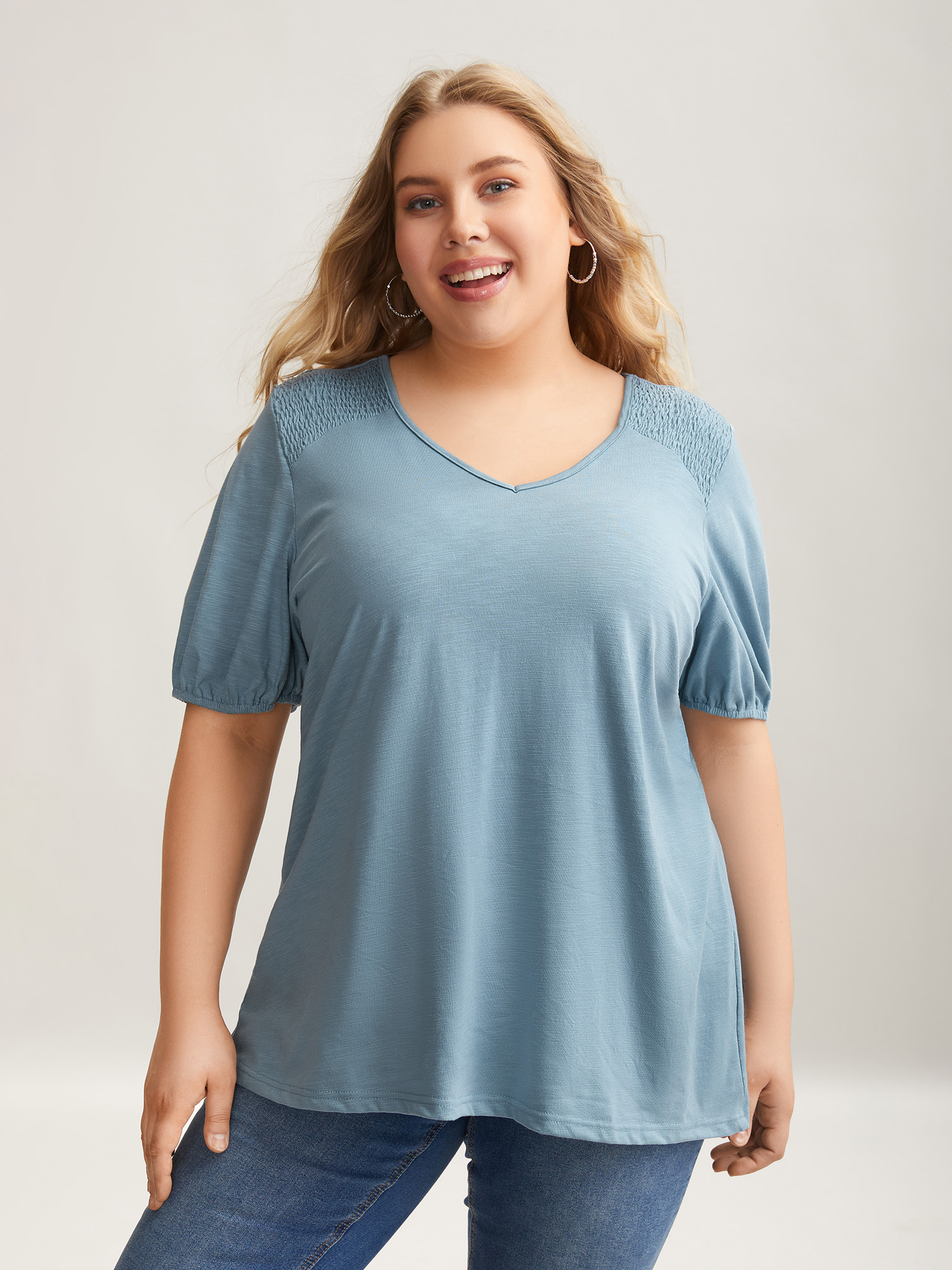 

Plus Size Bamboo Shirred Shoulder V-Neck T-Shirt Stone Women Casual Shirred V-neck Everyday T-shirts BloomChic