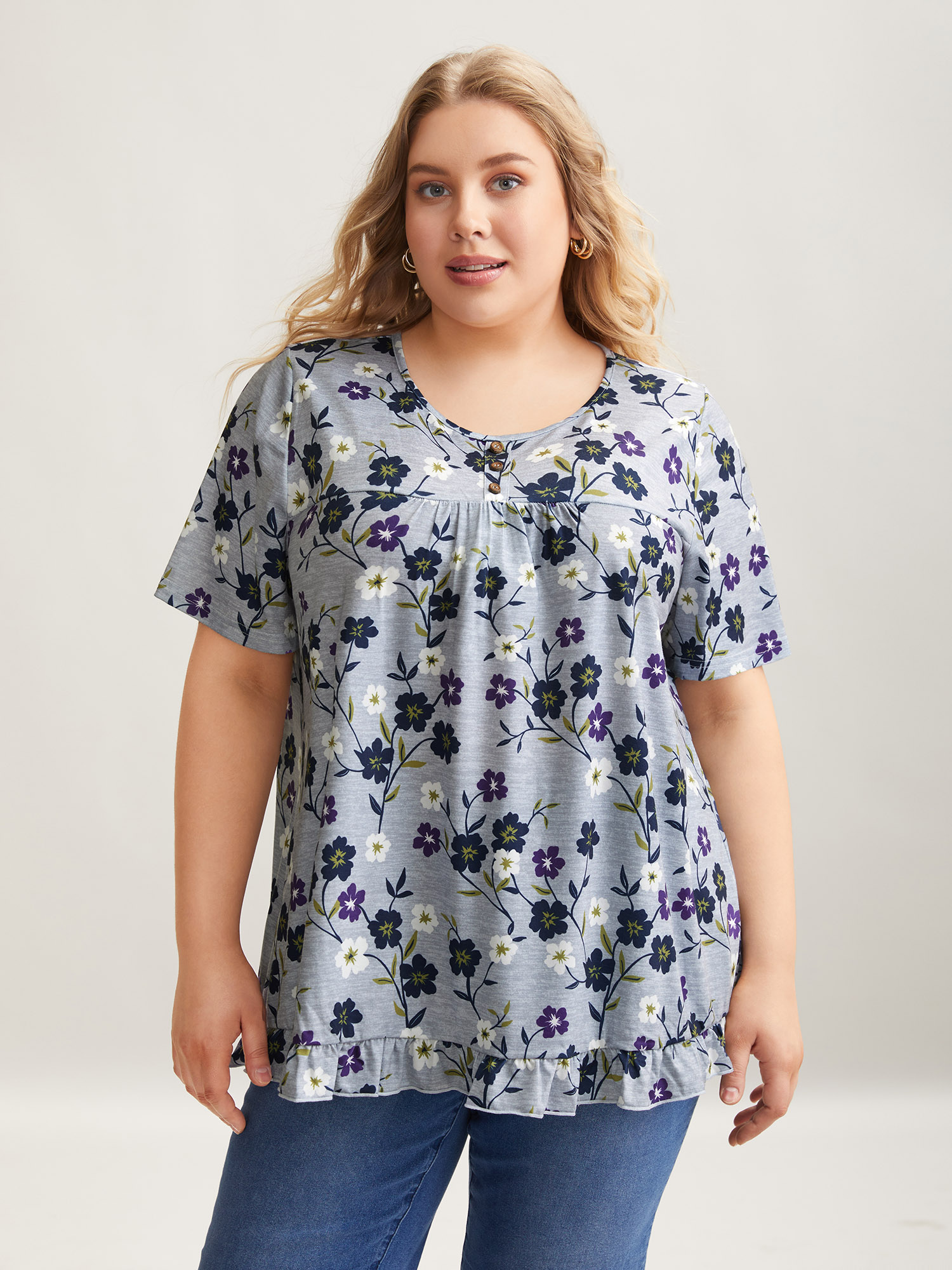 

Plus Size Floral Print Frill Trim Knit Top Multicolor Round Neck Short sleeve Elegant Jersey Tops