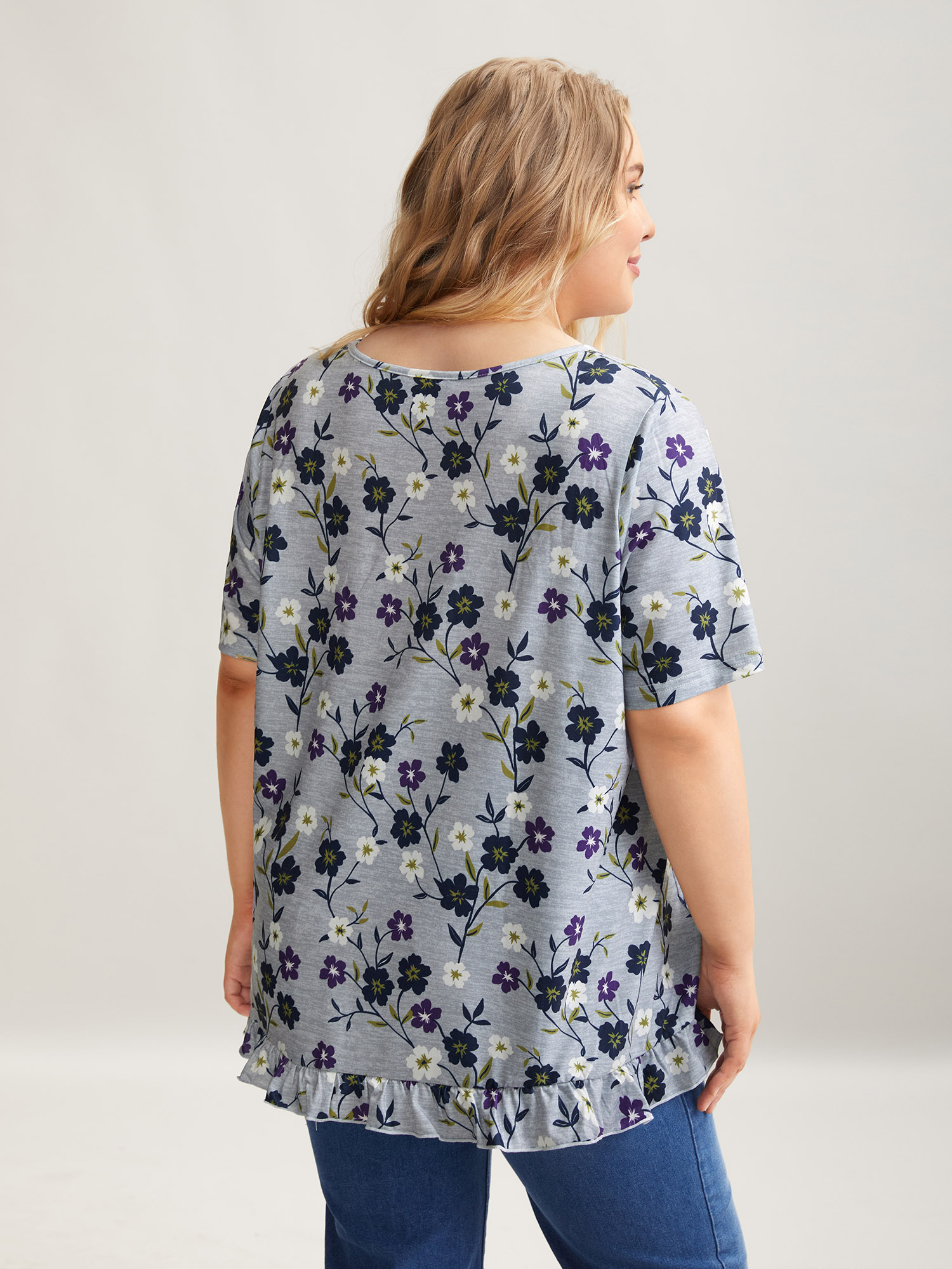 

Plus Size Floral Print Frill Trim Knit Top Multicolor Round Neck Short sleeve Elegant Jersey Tops